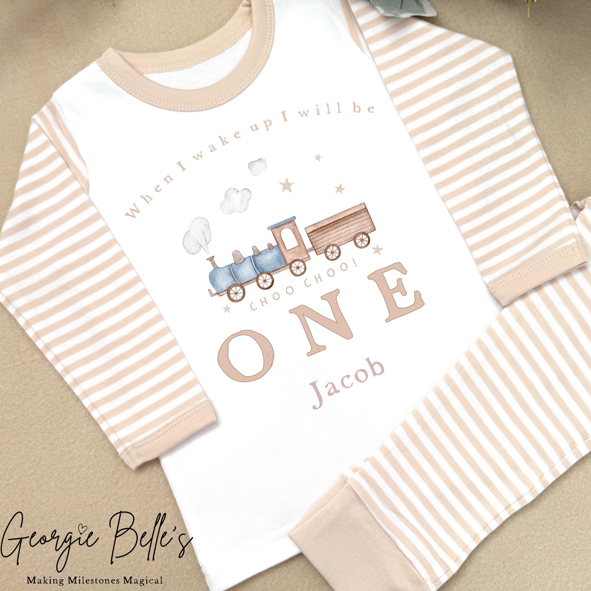 Personalised Beige Stripe Birthday Pyjamas - Beige Train Design
