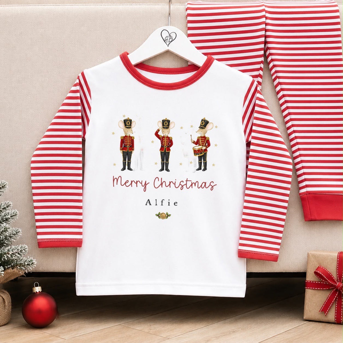 Personalised Christmas Pyjamas for Kids | 100% Cotton Red Stripe | Trio Mice Solider Design