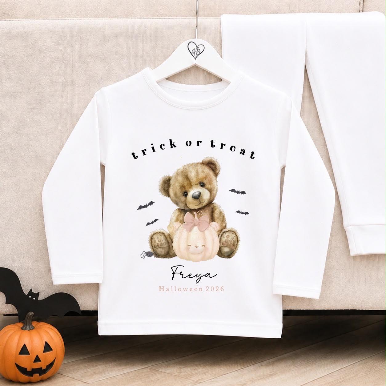 Personalised Halloween Pyjamas | Matching Sibling Halloween Pyjamas | Trick or Treat Peach Bear Design