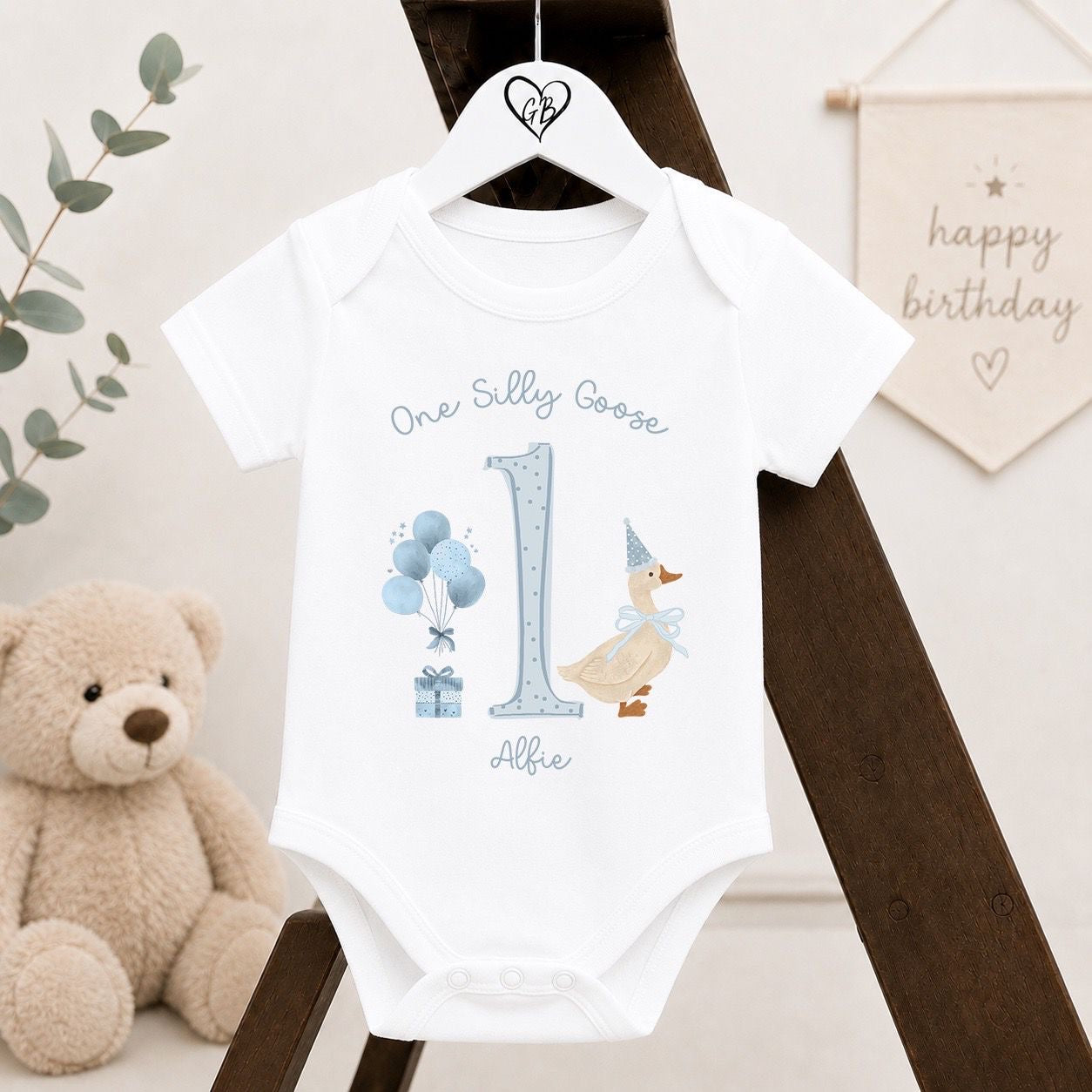 Personalised First Birthday Baby Vest | 1st Birthday Outfit - Blue One Silly Goose Design