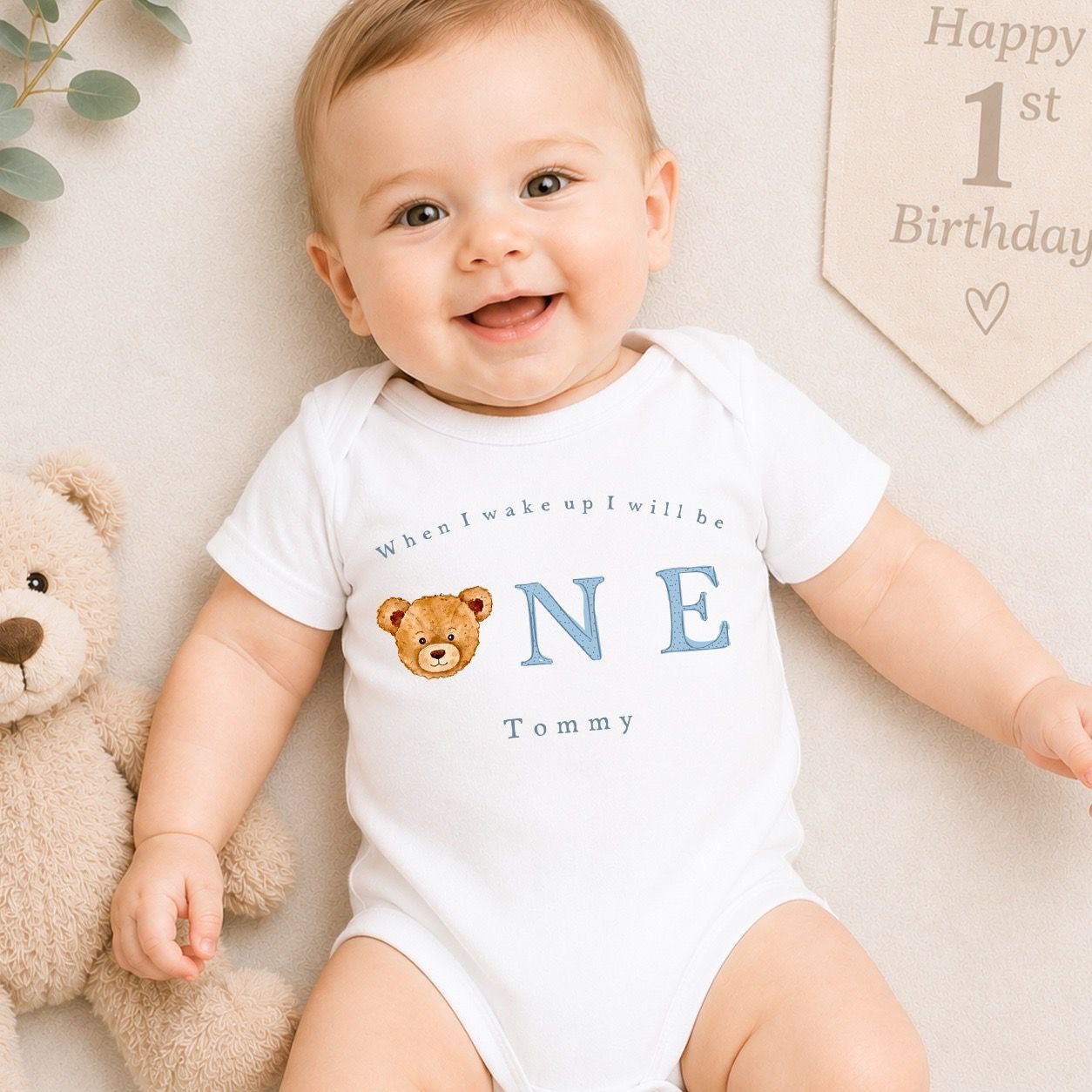 Personalised First Birthday Baby Vest | 1st Birthday Outfit - Blue Bear Head Design