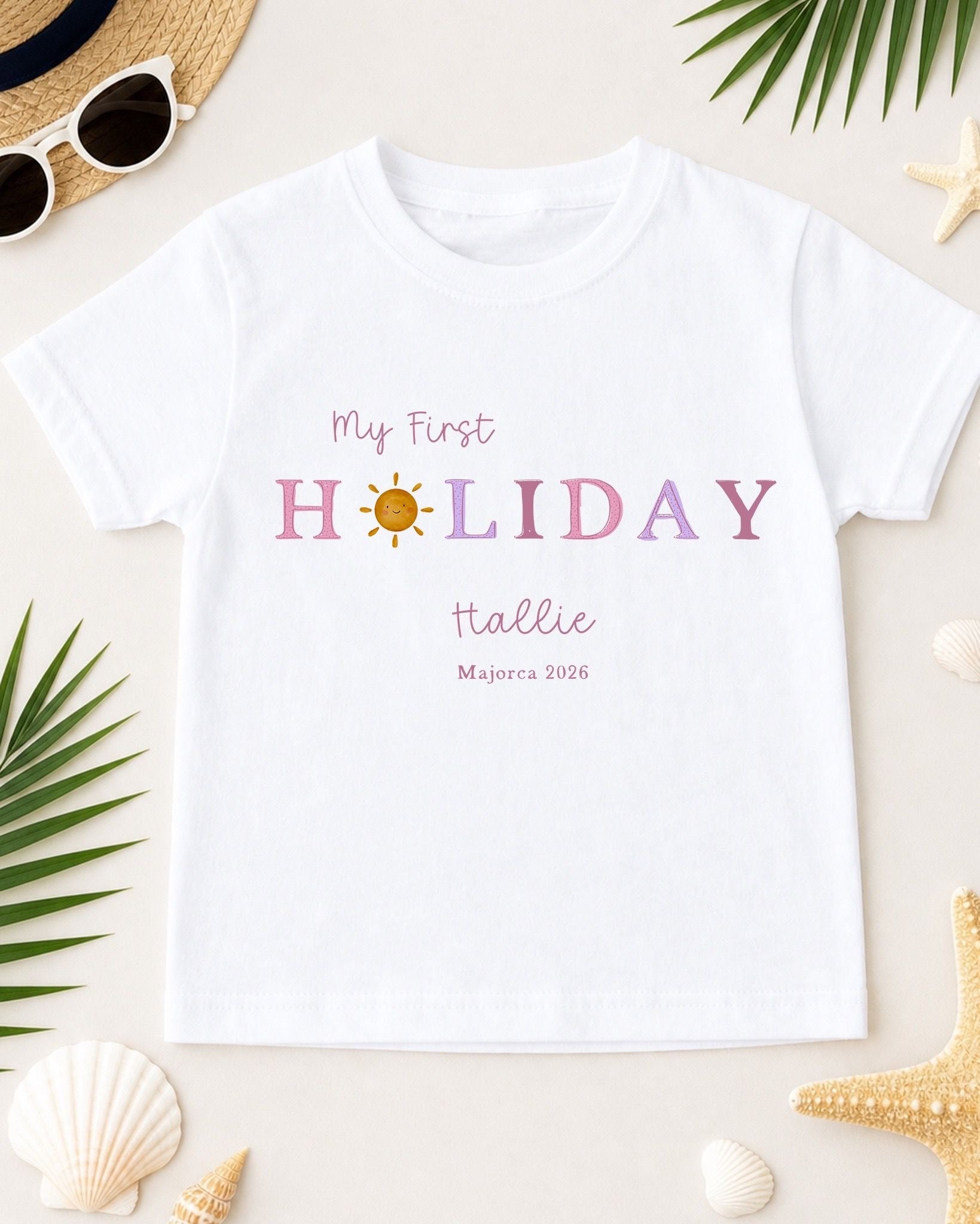 Personalised Kids My First Holiday T-Shirt - Pink Sun Design