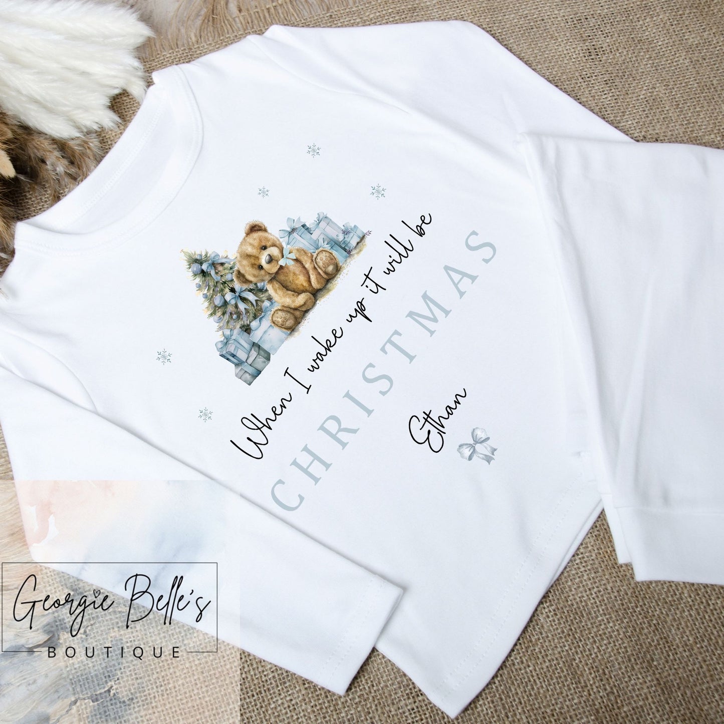 Personalised Christmas Pyjamas - Blue Teddy Bear Design
