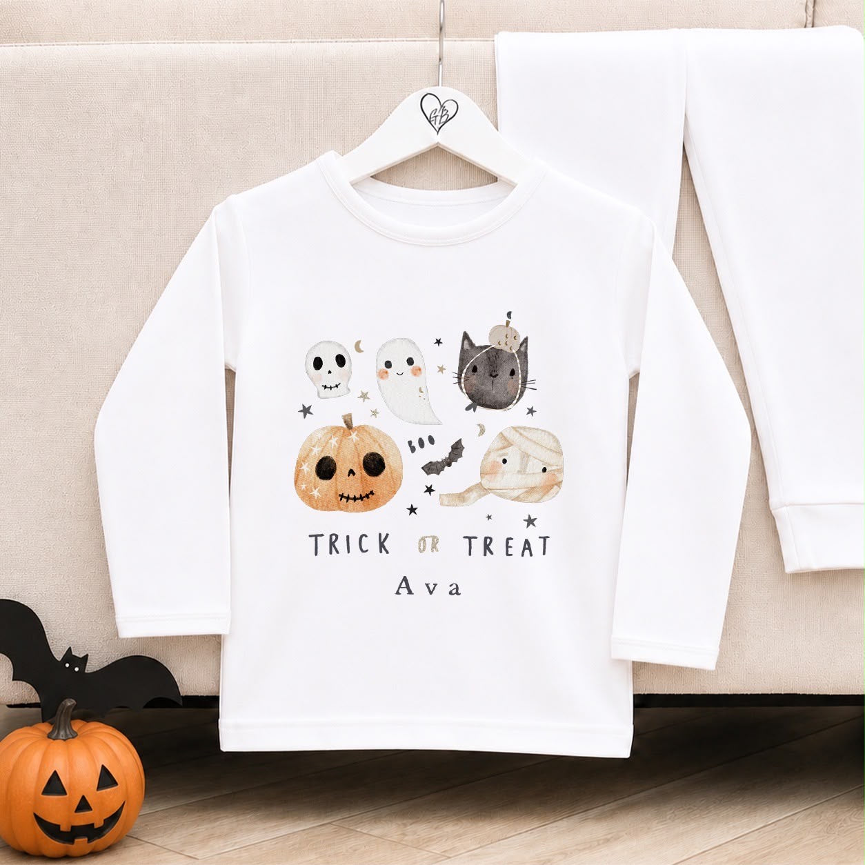 Personalised Halloween Pyjamas | Matching Sibling Halloween Pyjamas | Trick or Treat Element Design