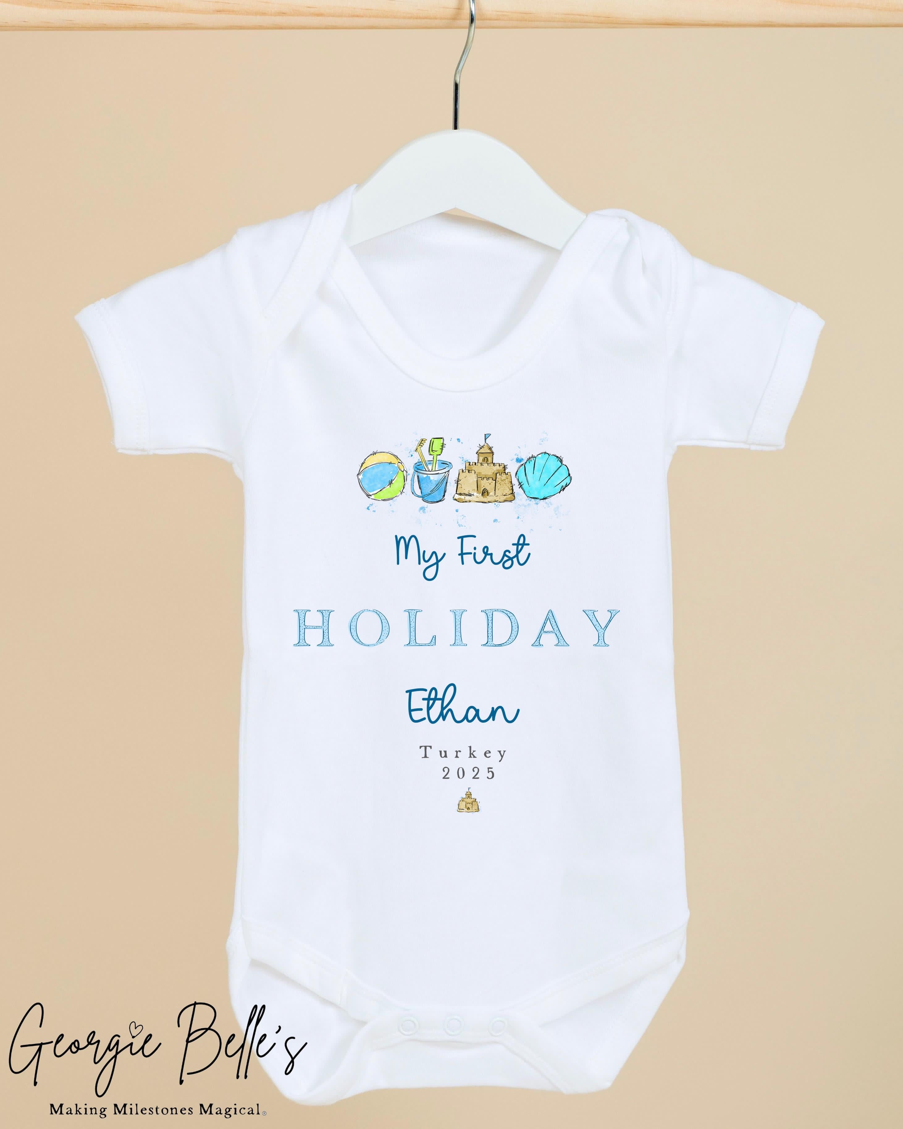 Personalised Baby Vest / Babygrow - My First Holiday Blue Beach Design