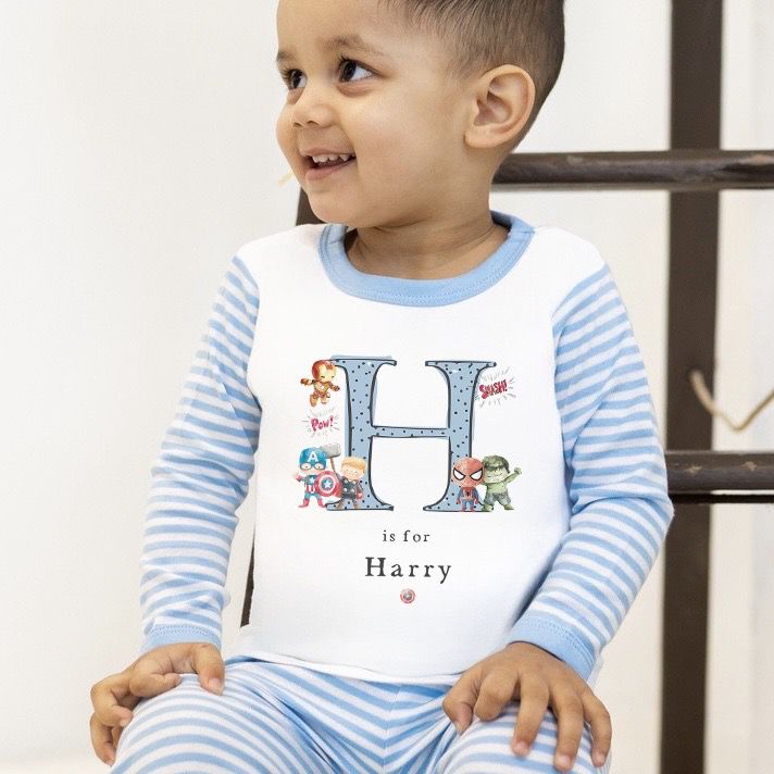 Personalised Boys Gifting Pyjamas Blue Stripe - Superhero Initial Design