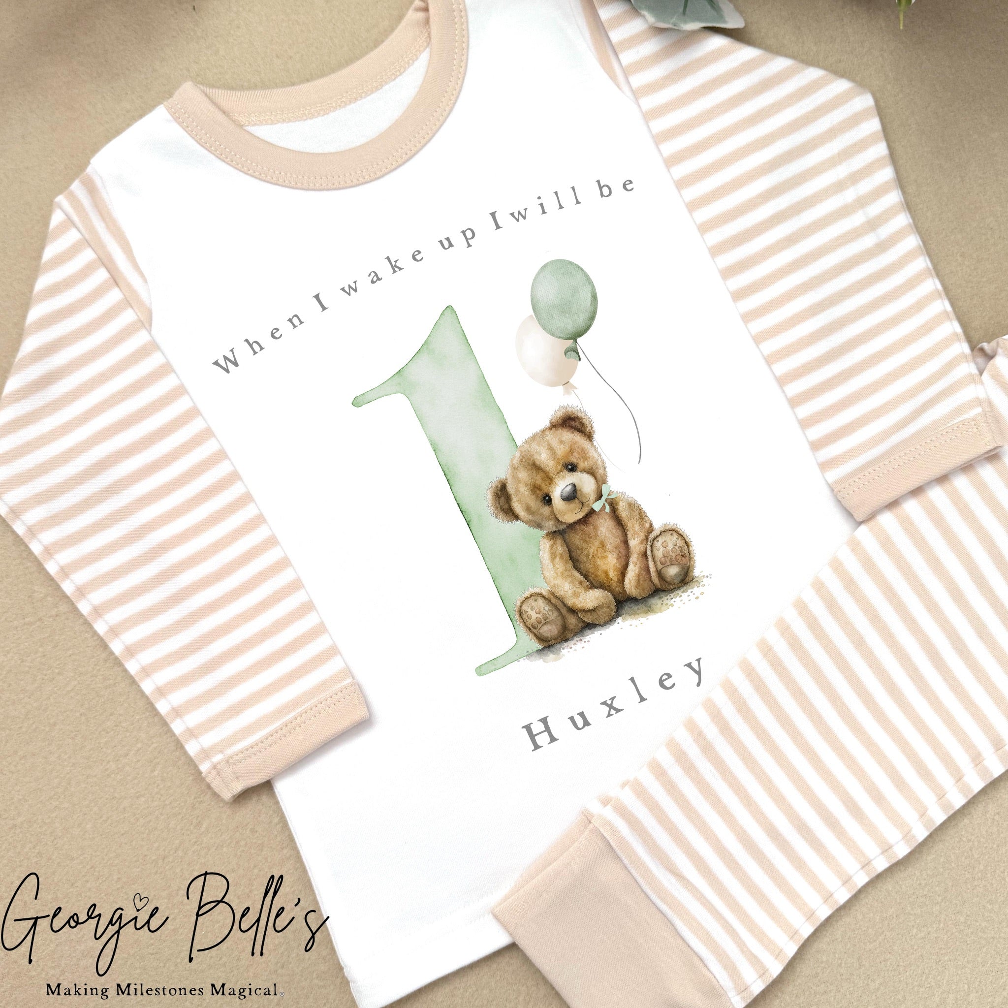 Personalised Beige Stripe Birthday Pyjamas - Beige Bear Sage Green Number Design