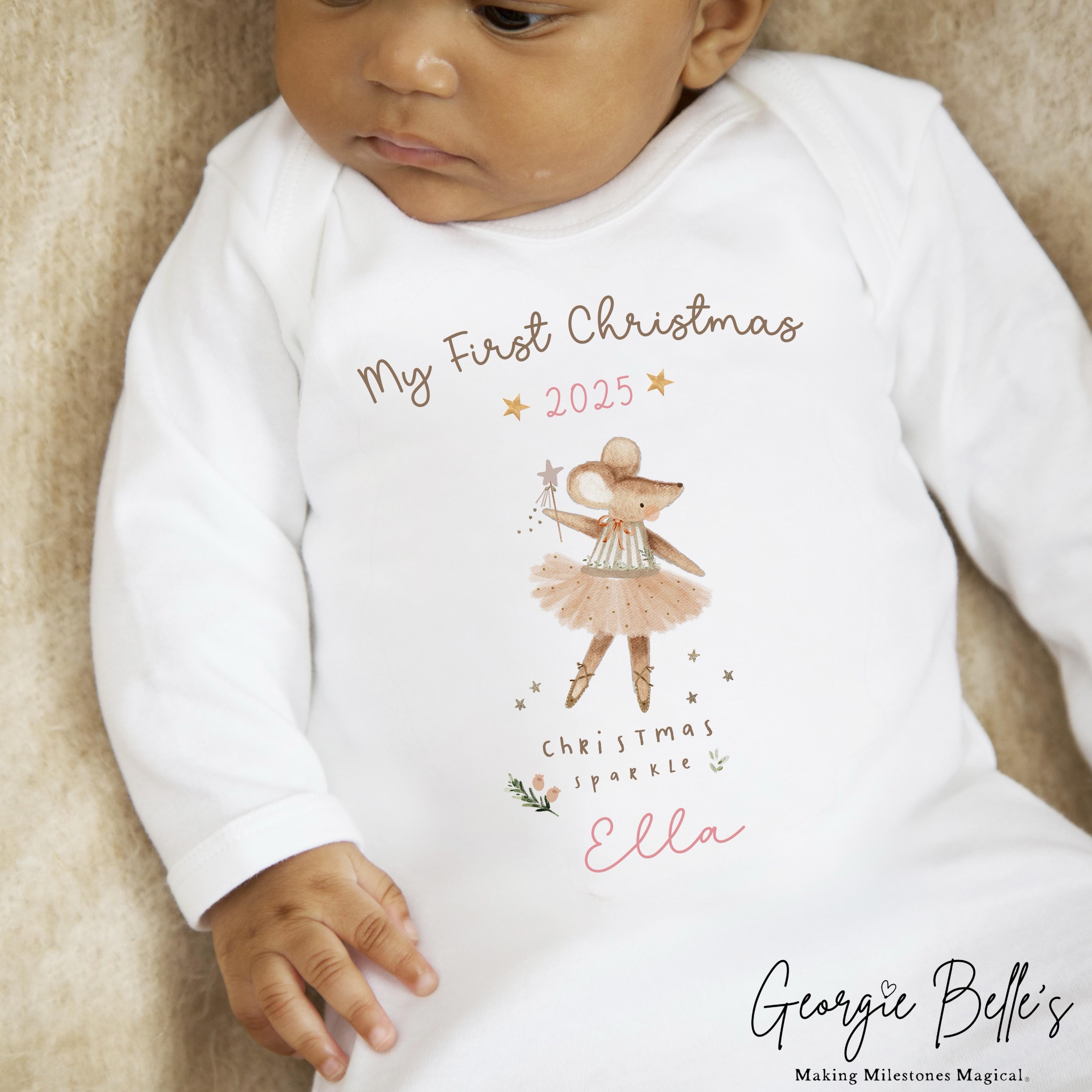 Personalised Christmas Sleepsuit / Bodysuit - First Christmas Pink Mouse Design