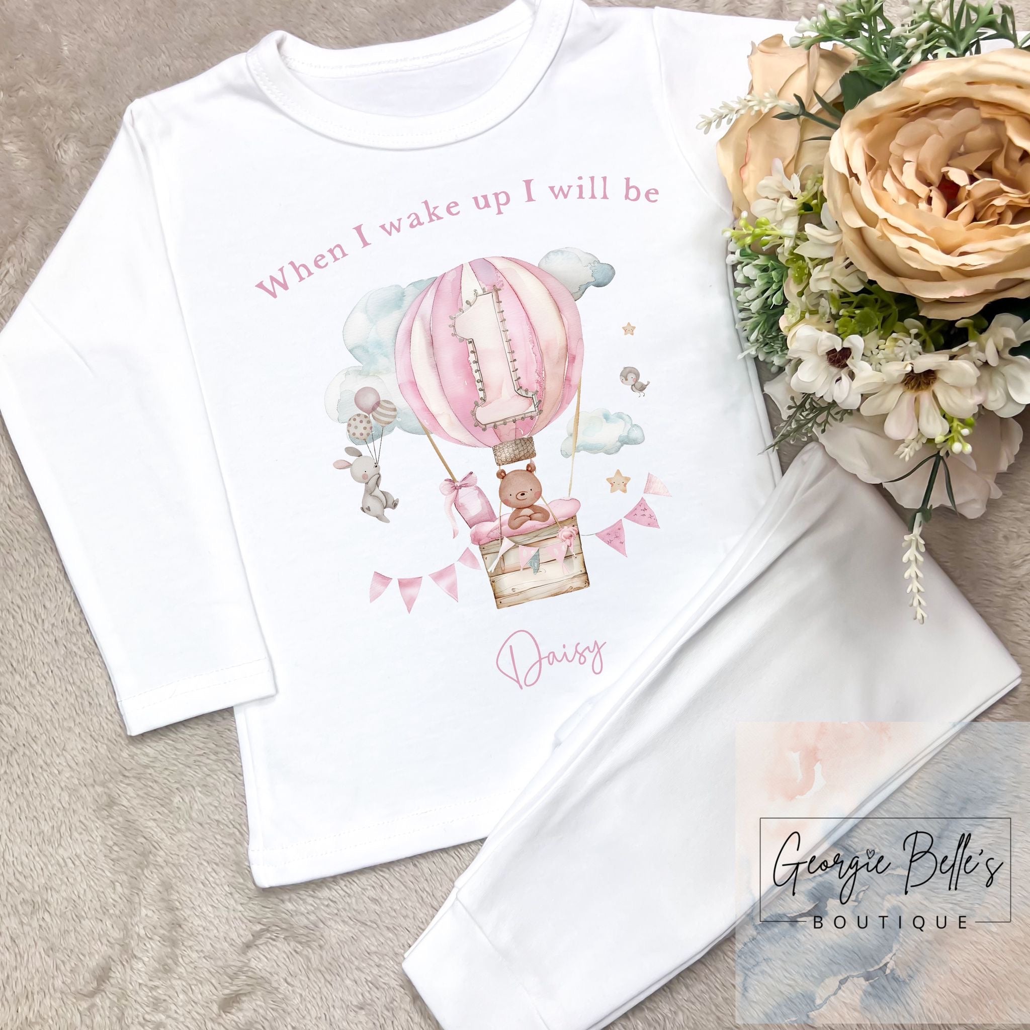Personalised Birthday Pyjamas - When I wake up Pink Hot Air Balloon Design