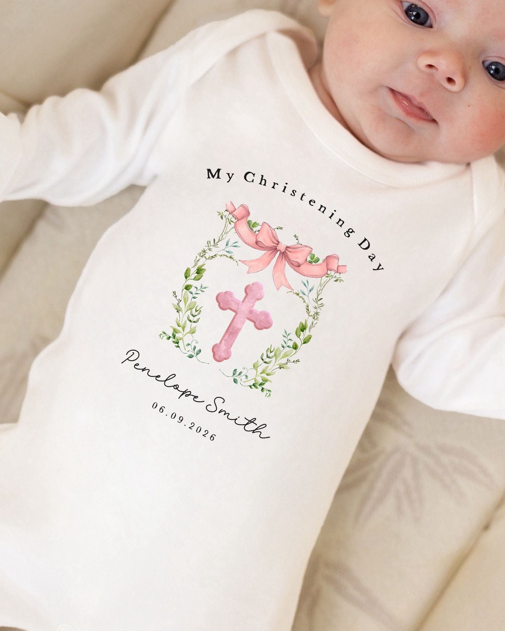 Personalised Christening Babygrow - Pink Cross Design