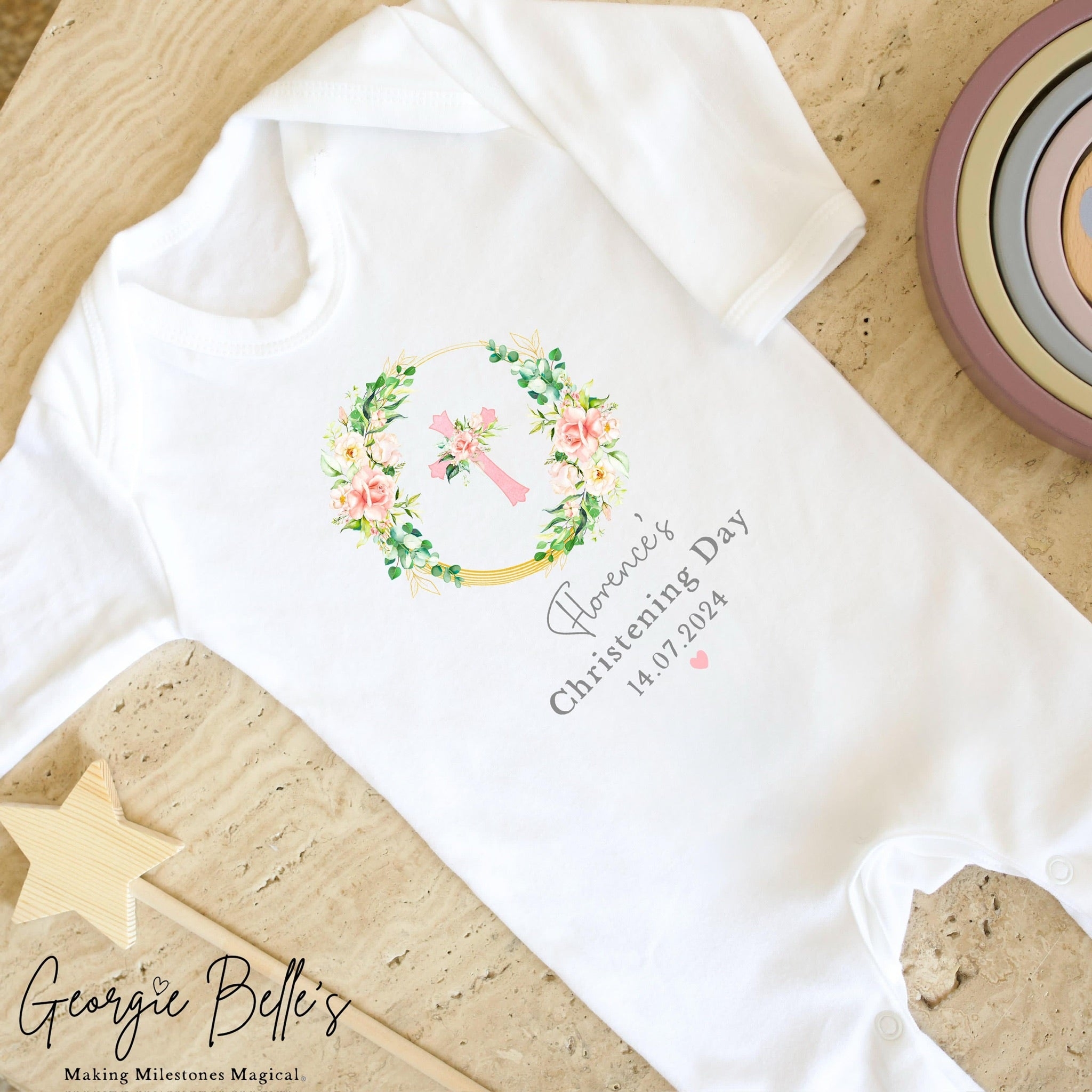 Personalised Christening Babygrow / Vest - Floral Design