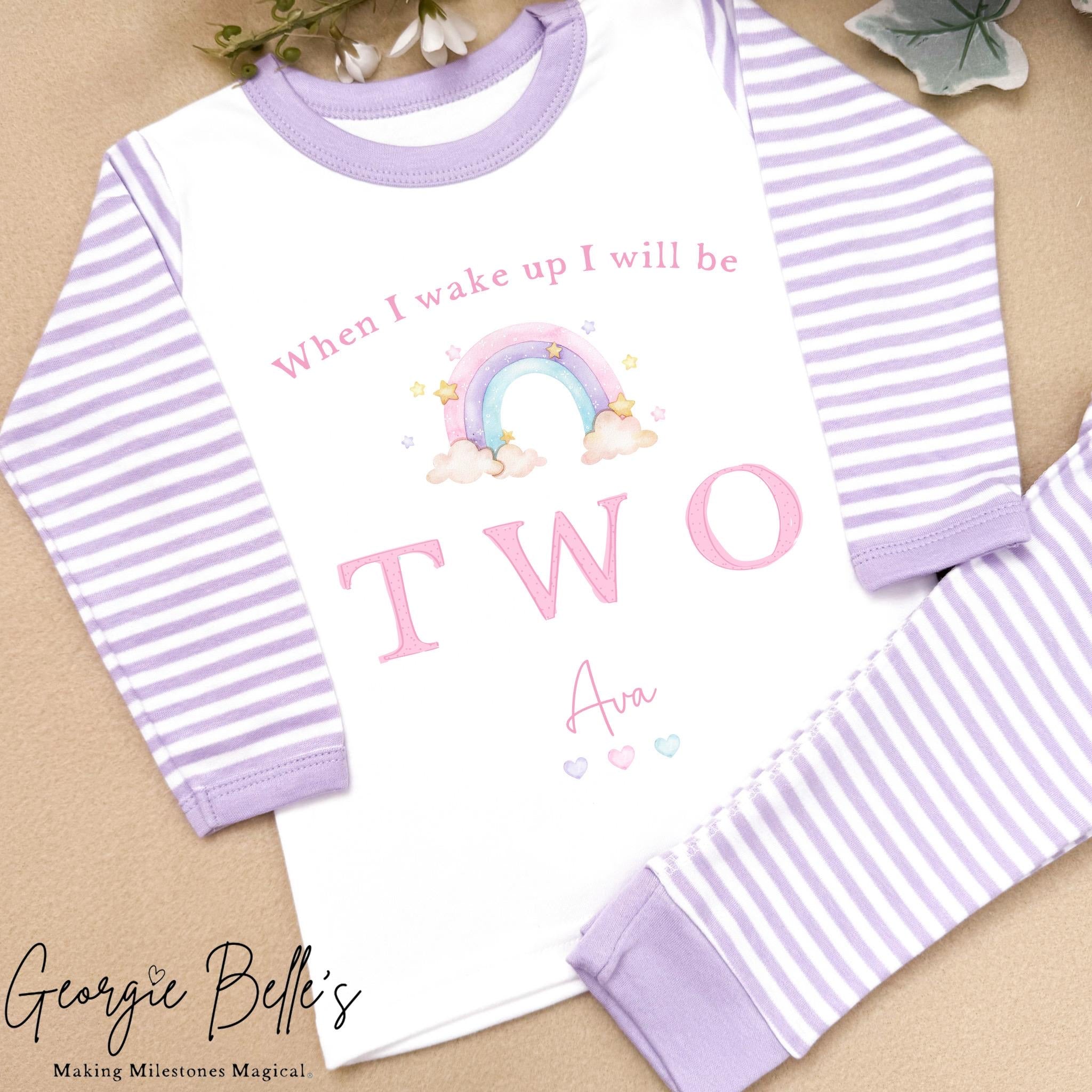 Personalised Lilac Stripe Birthday Pyjamas - Lilac Pastel Rainbow Design