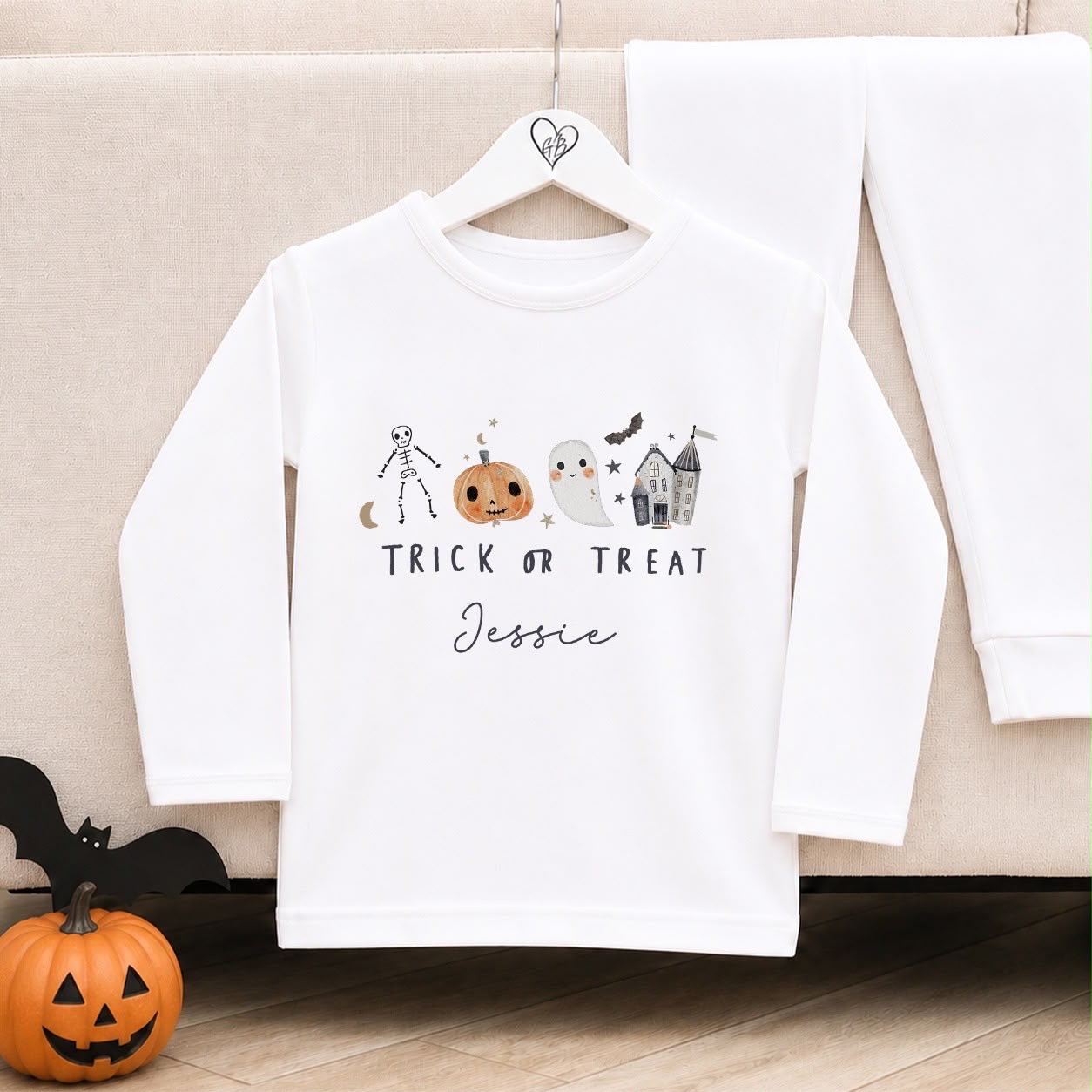 Personalised Halloween Pyjamas | Matching Sibling Halloween Pyjamas | Trick or Treat Quad Design