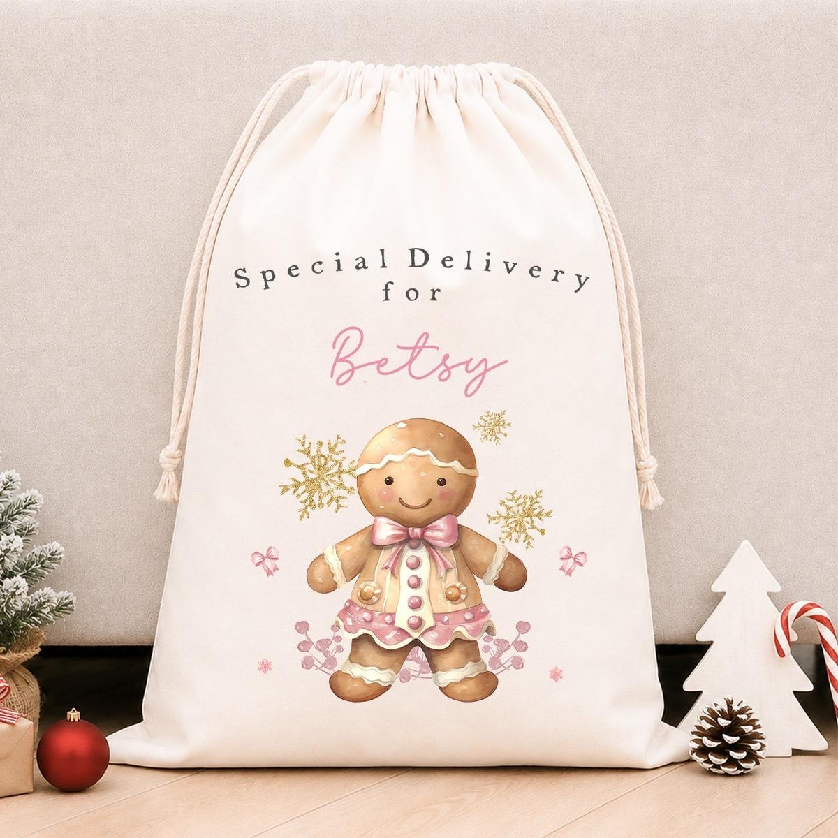 Luxury Personalised Premium Cotton Christmas Sack | Personalised Santa Sack | Pink Gingerbread Design