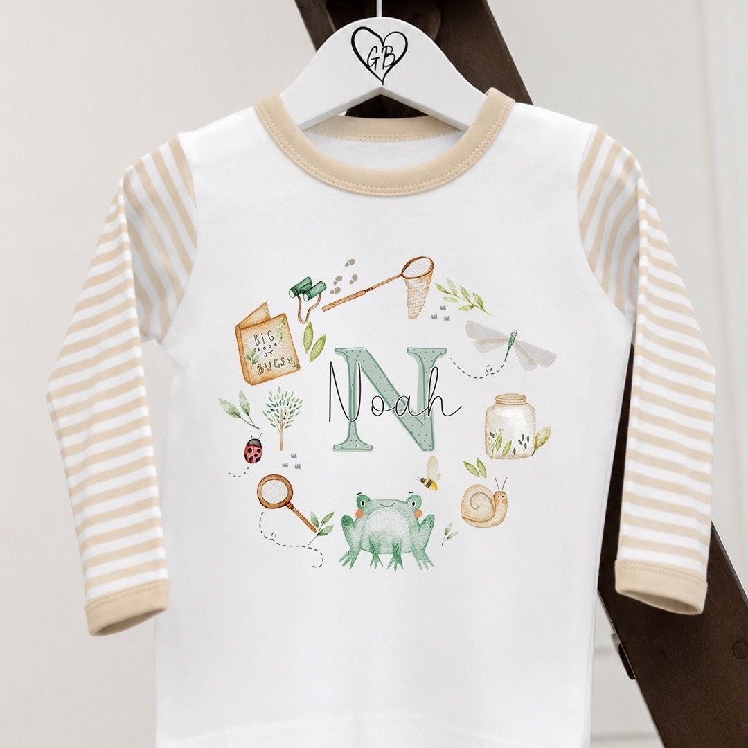 Personalised Gifting Pyjamas Beige Stripe - Bug Wreath Initial Design