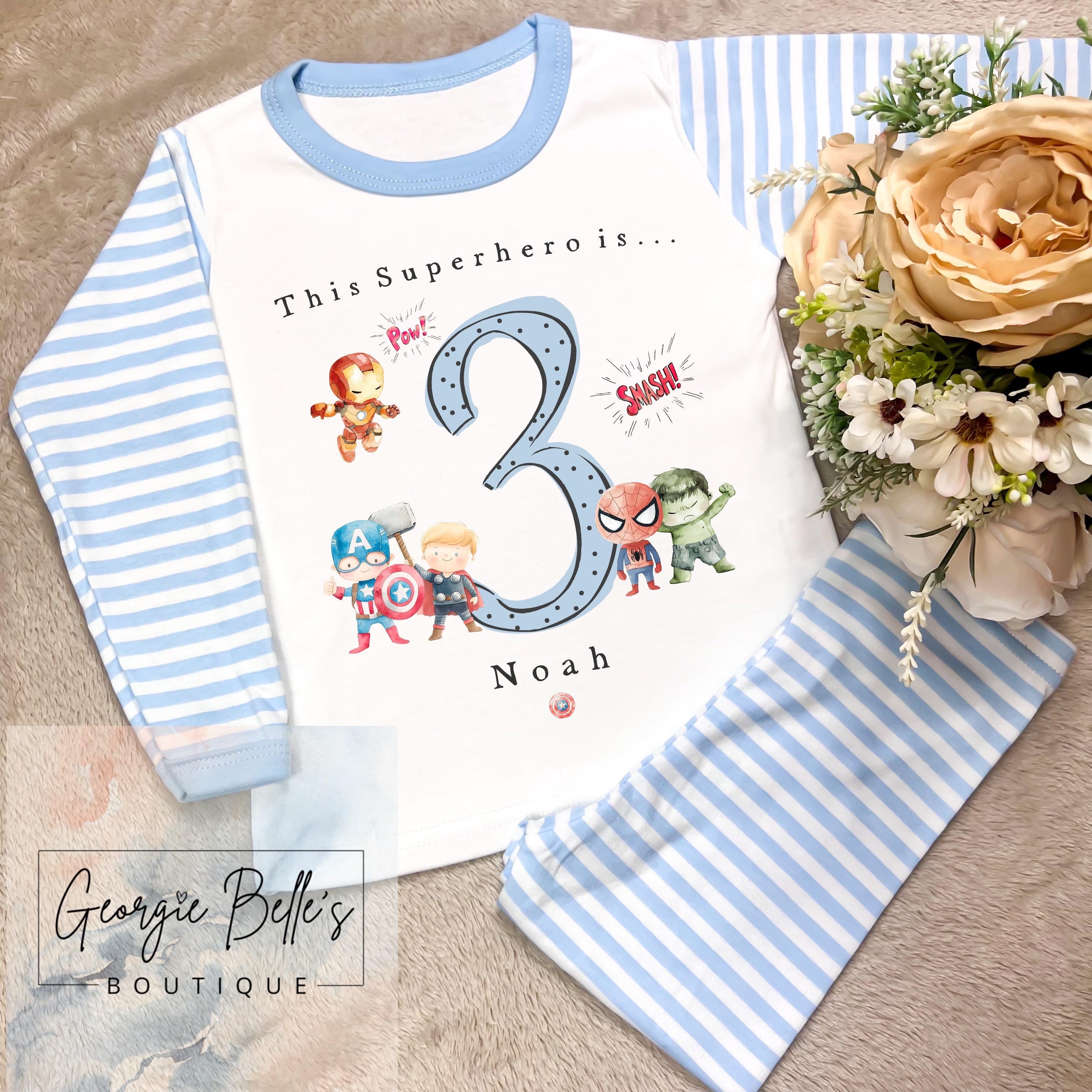 Personalised Birthday Pyjamas - Superhero Inspired Blue Design