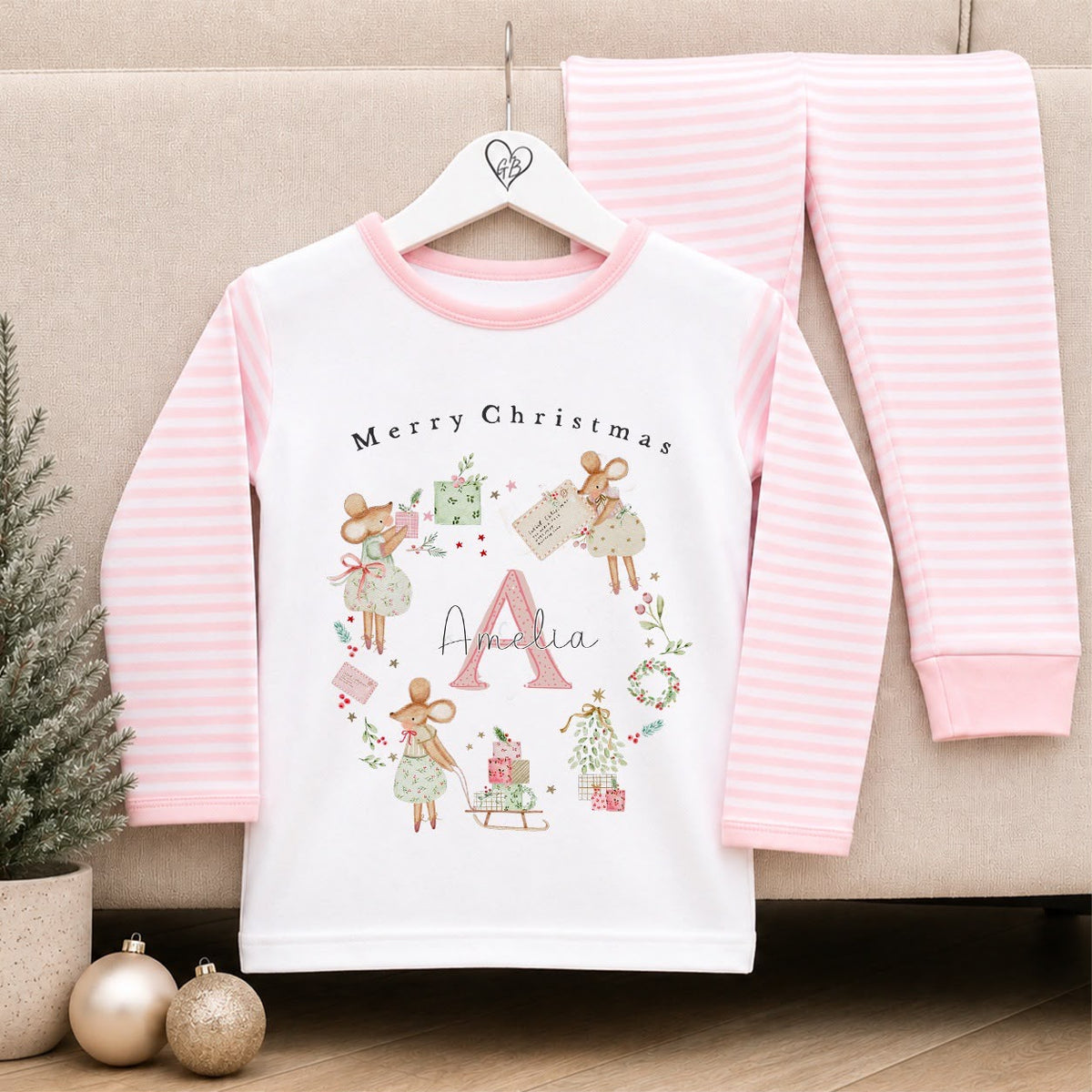 Personalised Christmas Pyjamas for Kids | 100% Cotton Pink Stripe | Pink Whimsical Xmas Mice Wreath Design