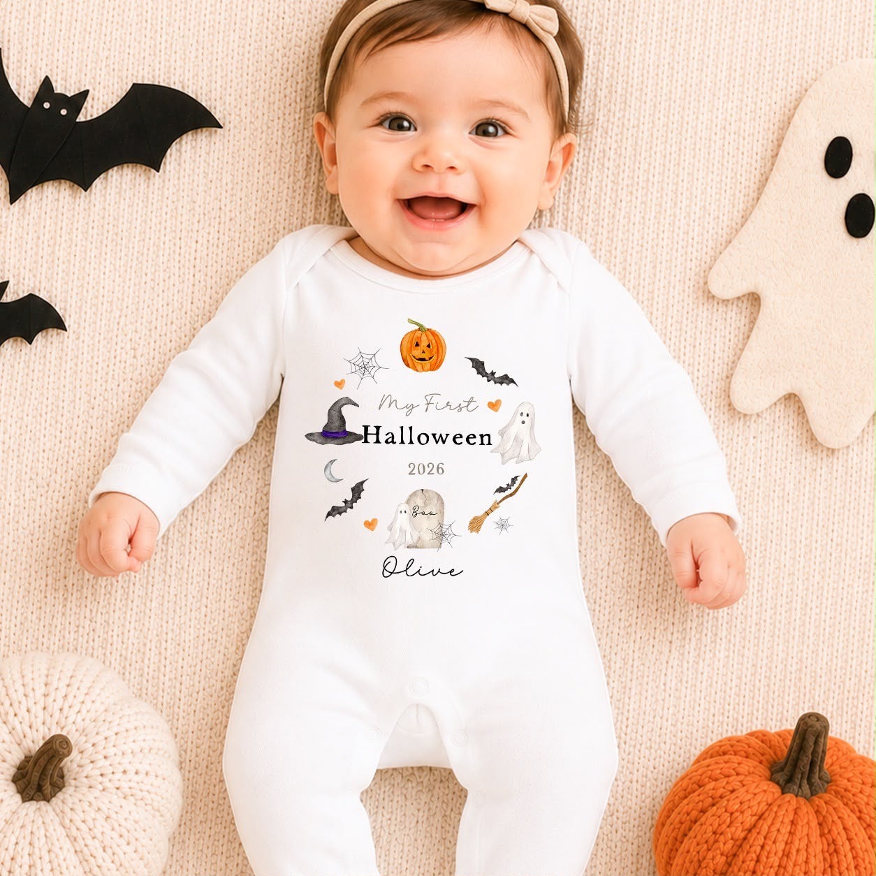 Personalised Halloween Babygrow | My First Halloween Baby Outfit | Wreath Design