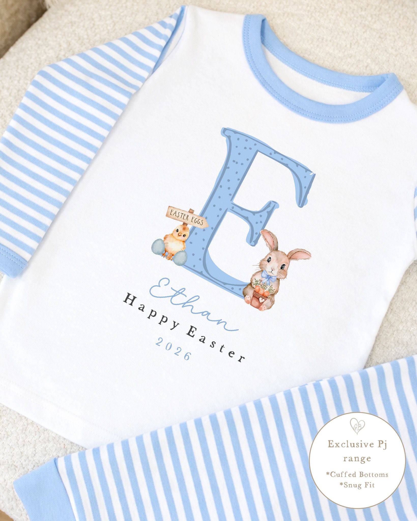 Personalised Blue Stripe Easter Pyjamas - Initial Design
