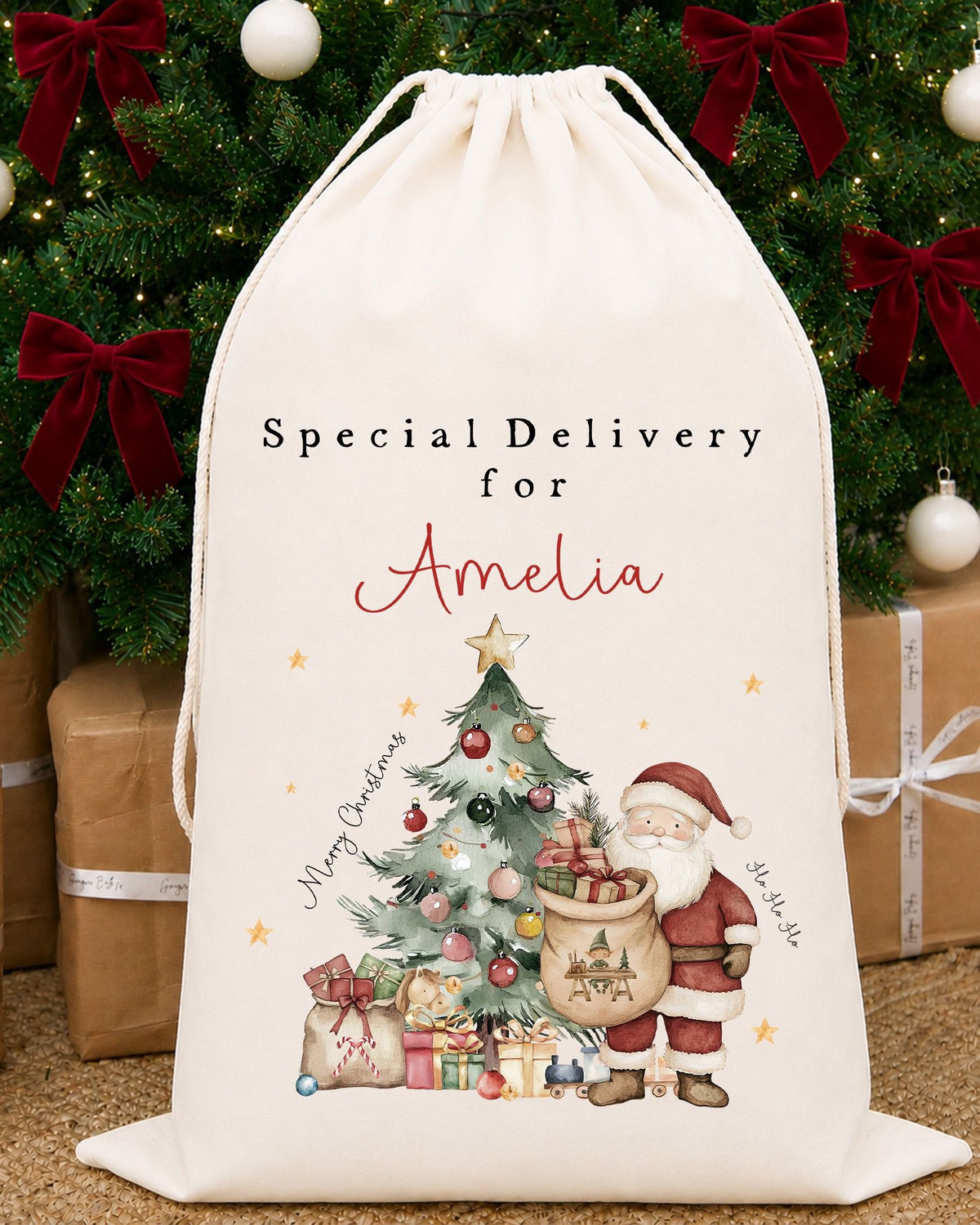 Luxury Personalised Premium Cotton Christmas Sack | Personalised Santa Sack | Classic Santa Design