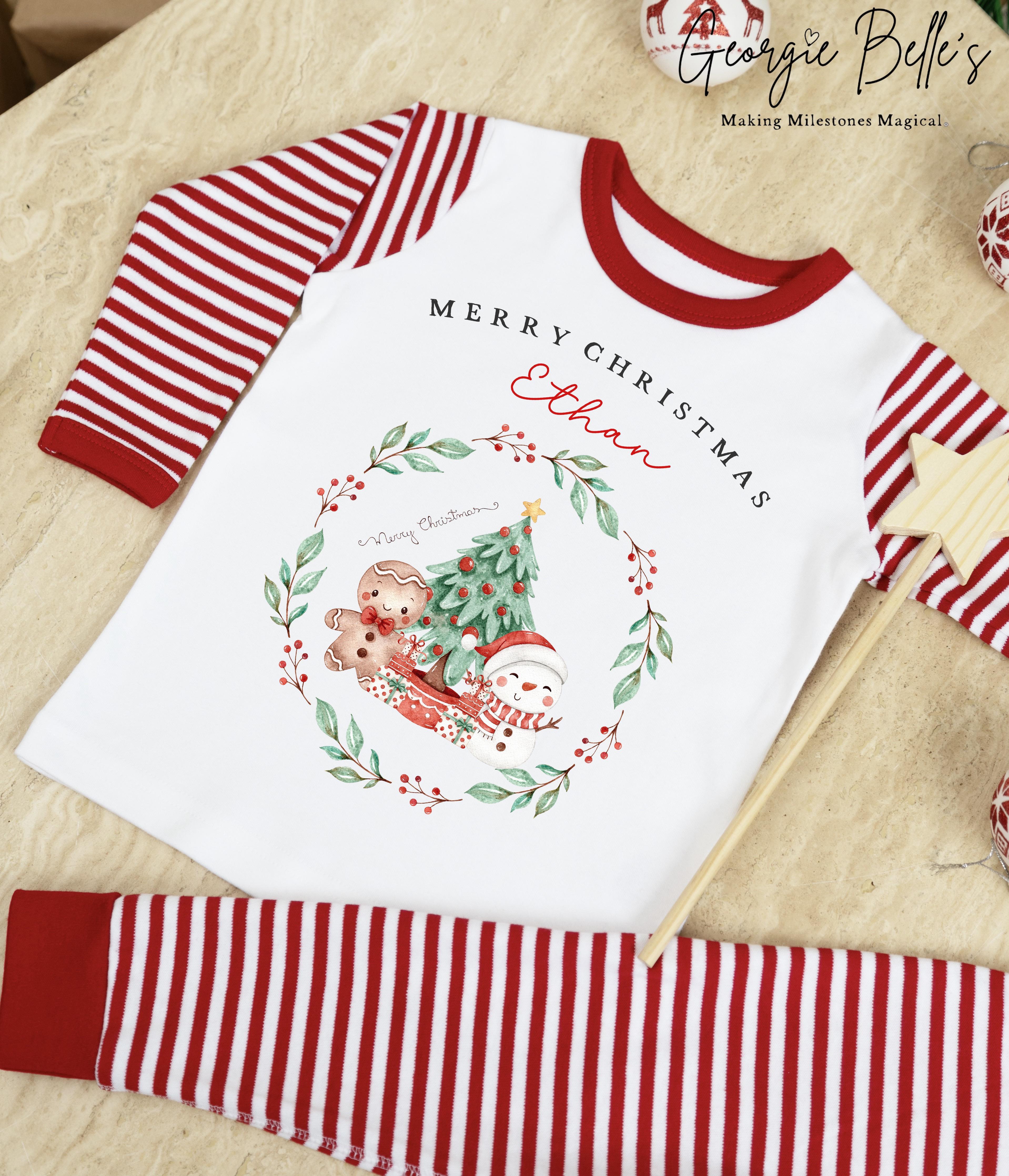 Personalised Red Stripe Christmas Pyjamas - Christmas Wreath Design