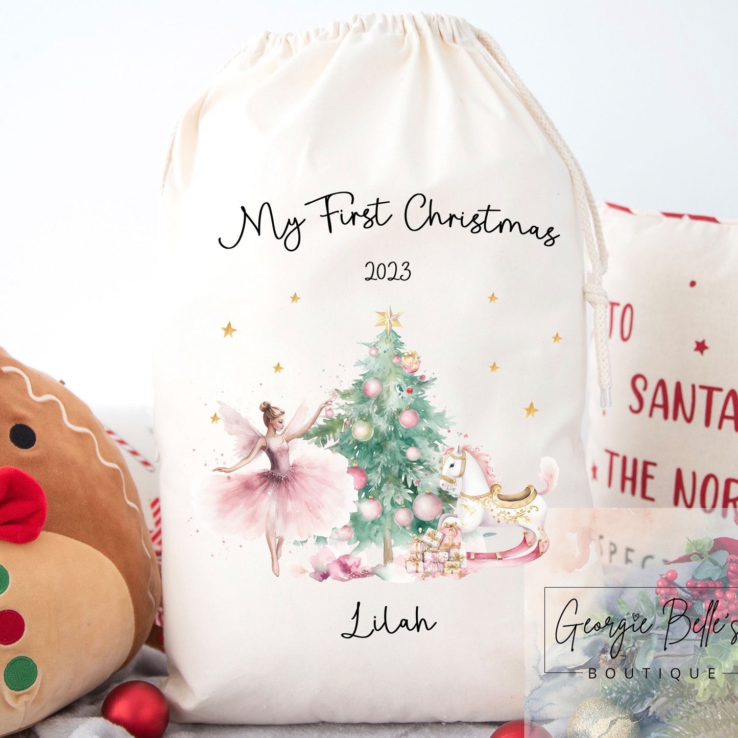 Luxury Personalised Premium Cotton Extra Large Christmas Santa Sack - Pink Ballerina Design