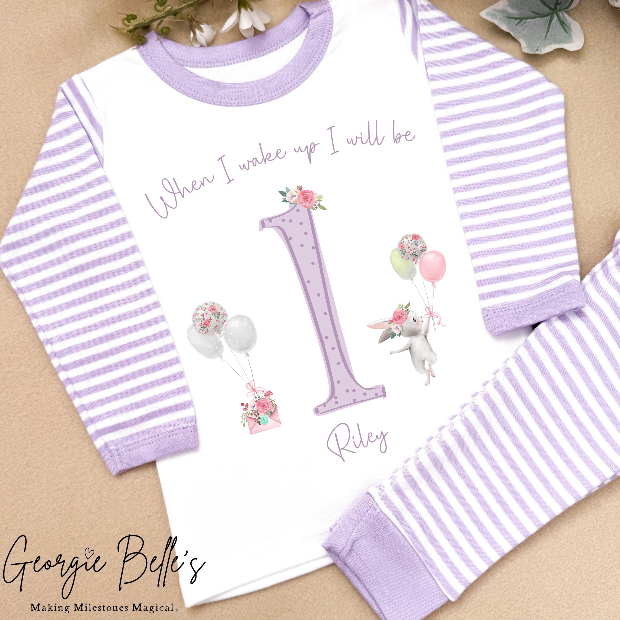 Personalised Lilac Stripe Birthday Pyjamas - Lilac Bunny Party Design