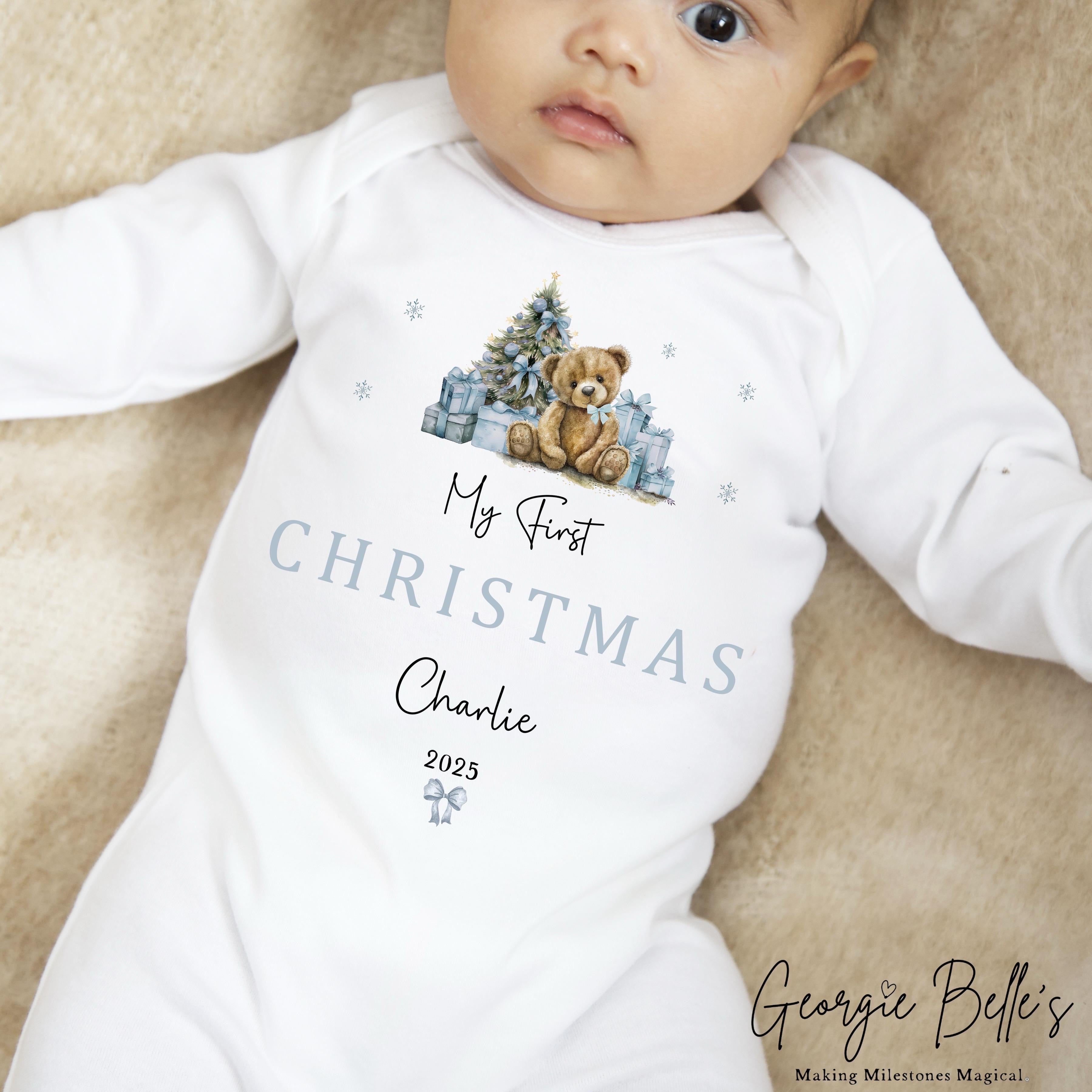 Personalised Christmas Sleepsuit / Bodysuit - First Christmas Blue Teddy Design