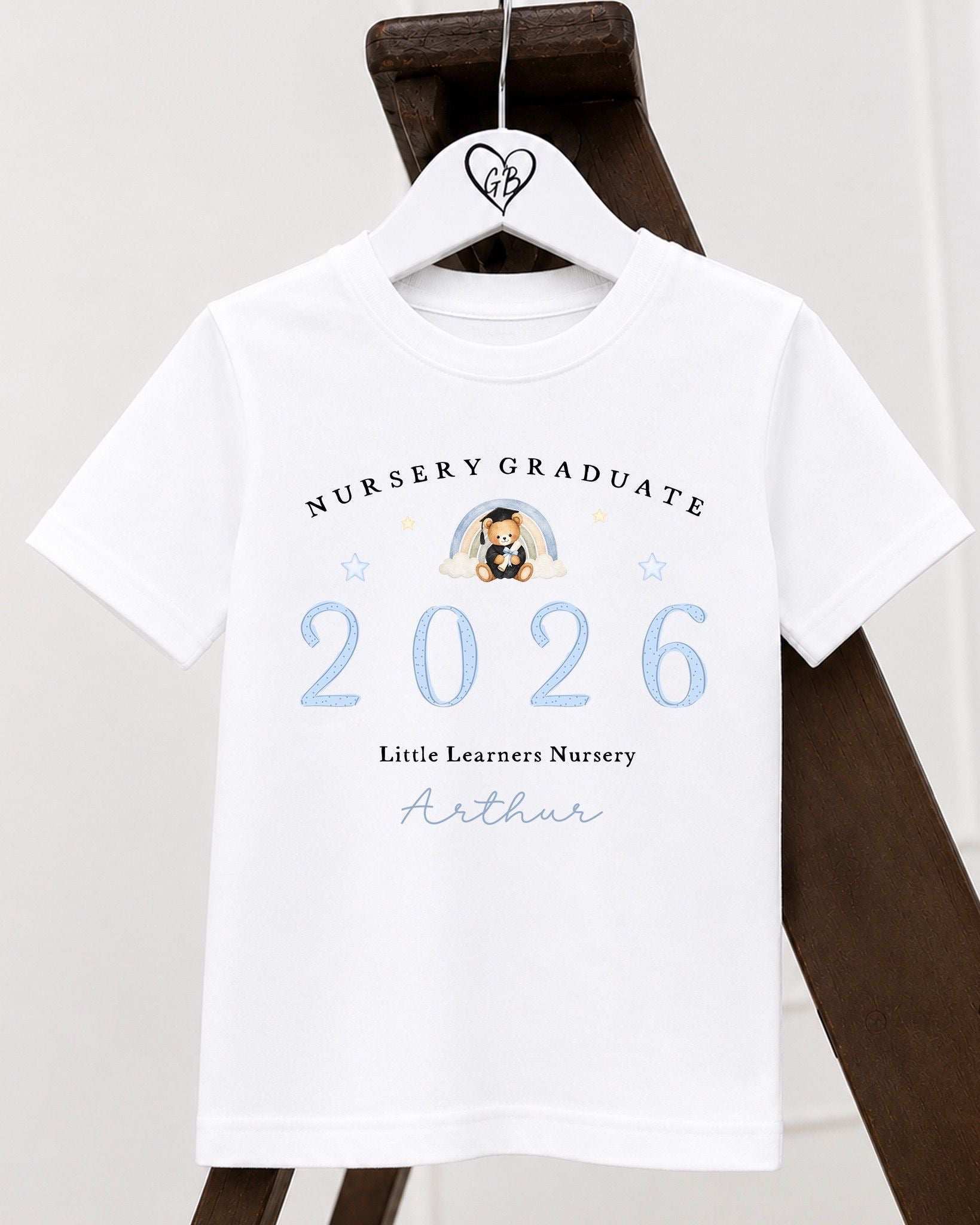 Personalised Nursery Graduate T-Shirt- Blue Rainbow Bear