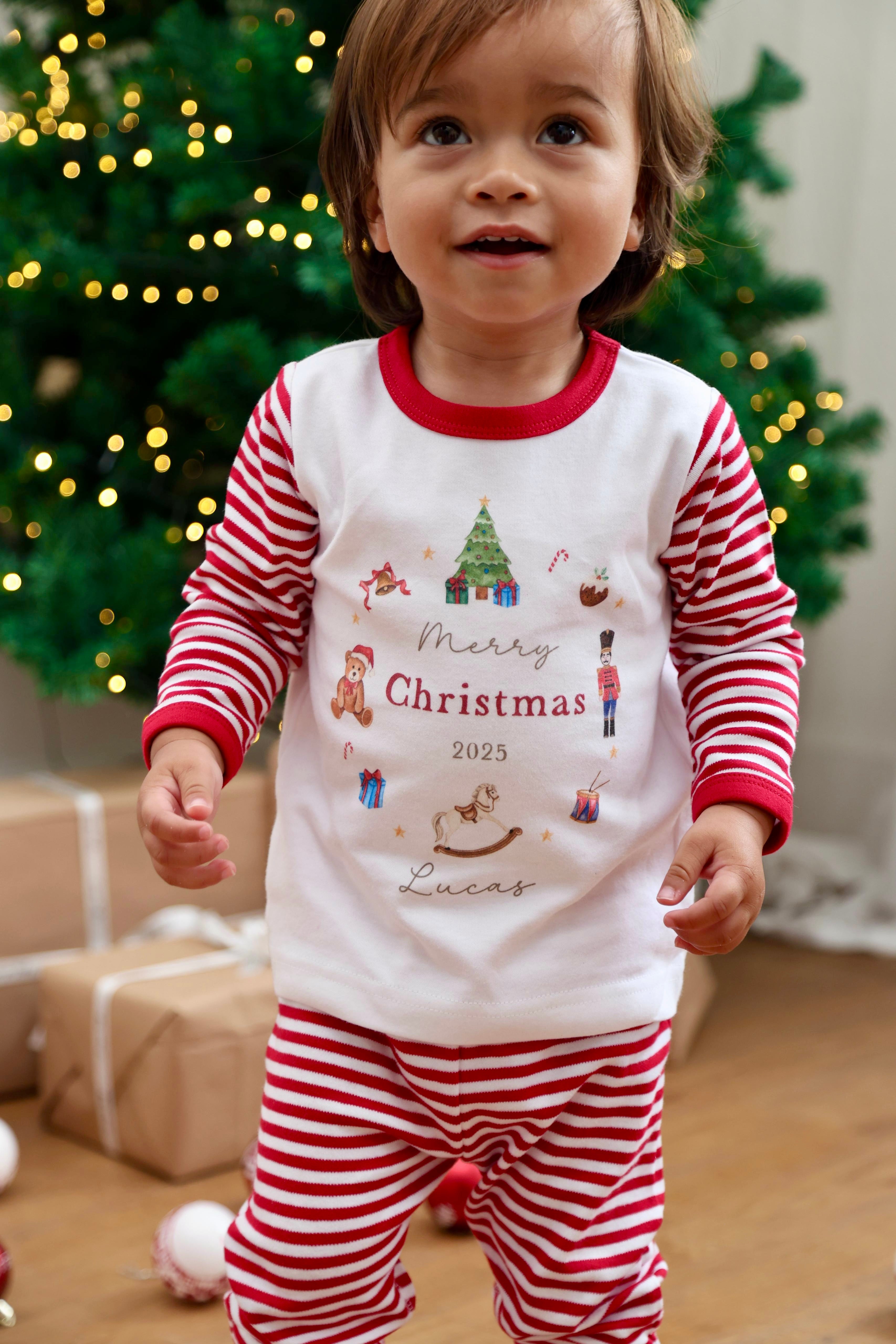 Personalised Red Stripe Christmas Pyjamas - Red Nutcracker Wreath Design
