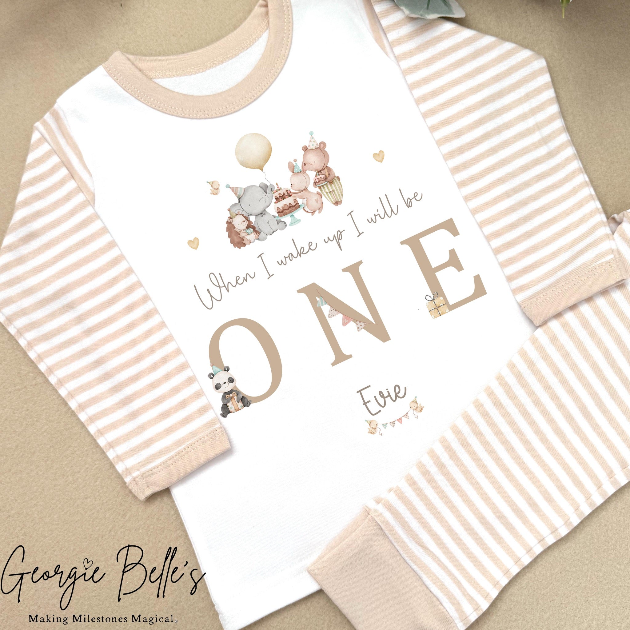 Personalised Beige Stripe Birthday Pyjamas - Beige Animal Party Design