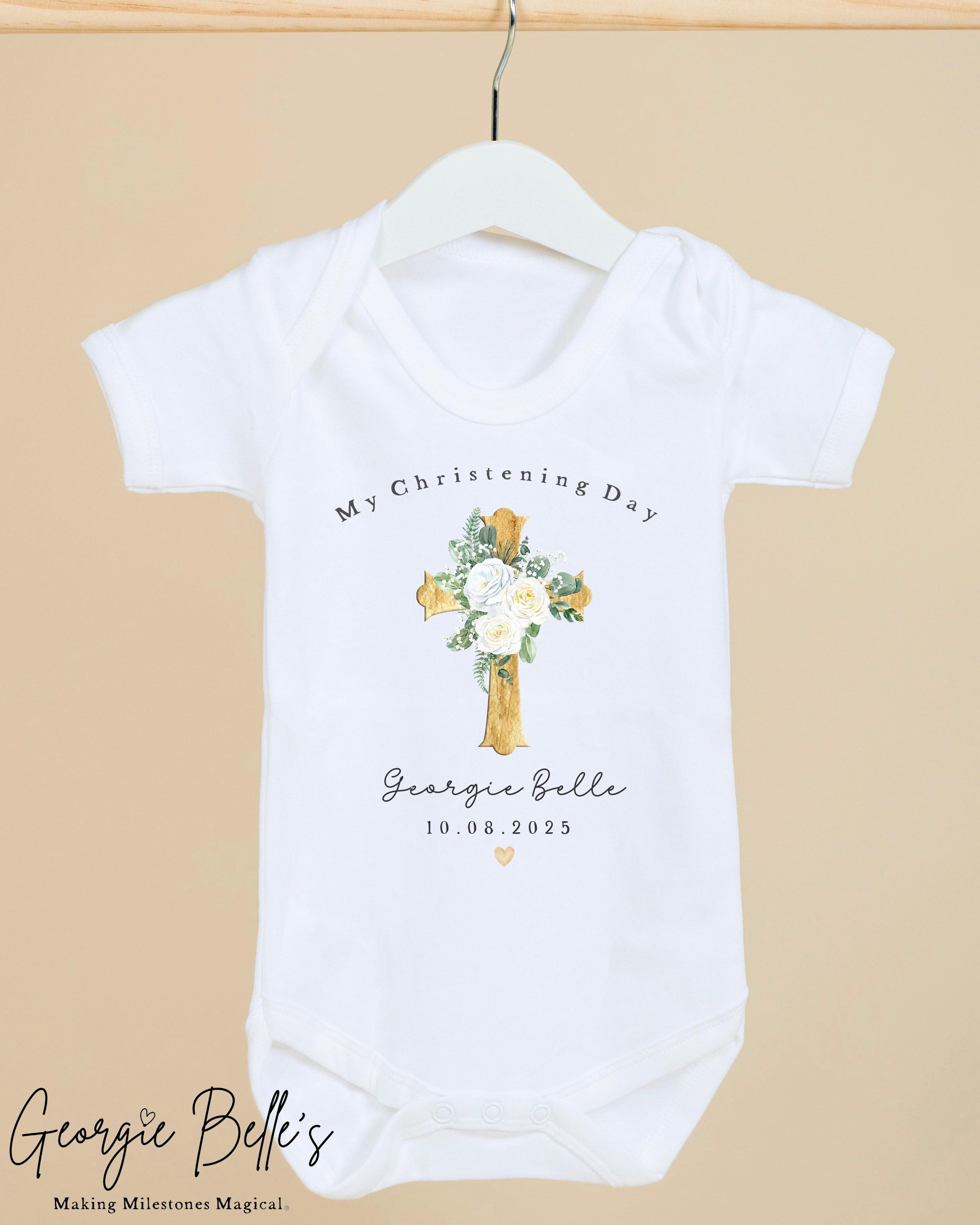 Personalised Christening Babygrow / Vest - Floral Gold Cross Design