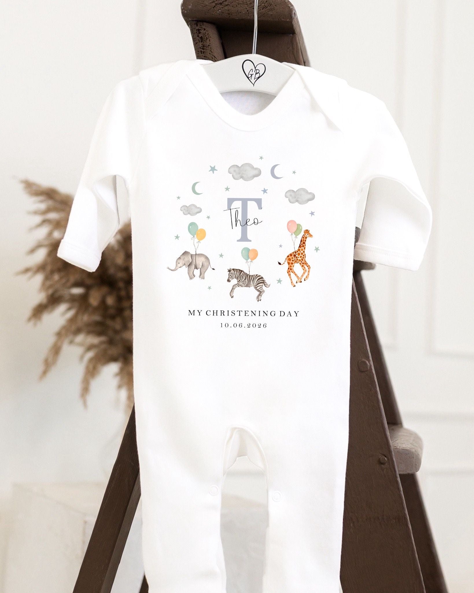 Personalised Christening Babygrow - Safari Wreath Design