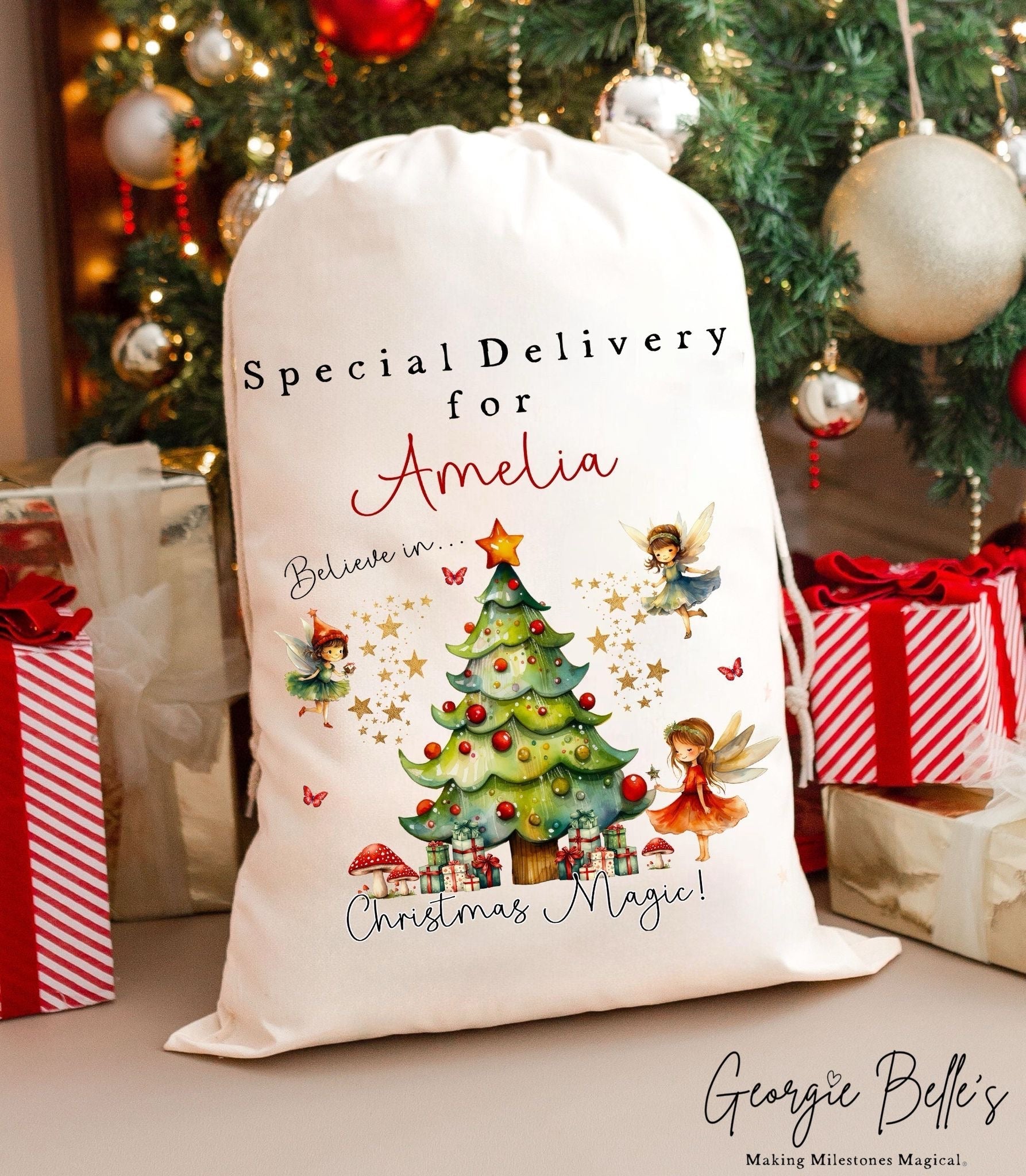 Luxury Personalised Premium Cotton Christmas Sack | Personalised Santa Sack | Red Fairy Design