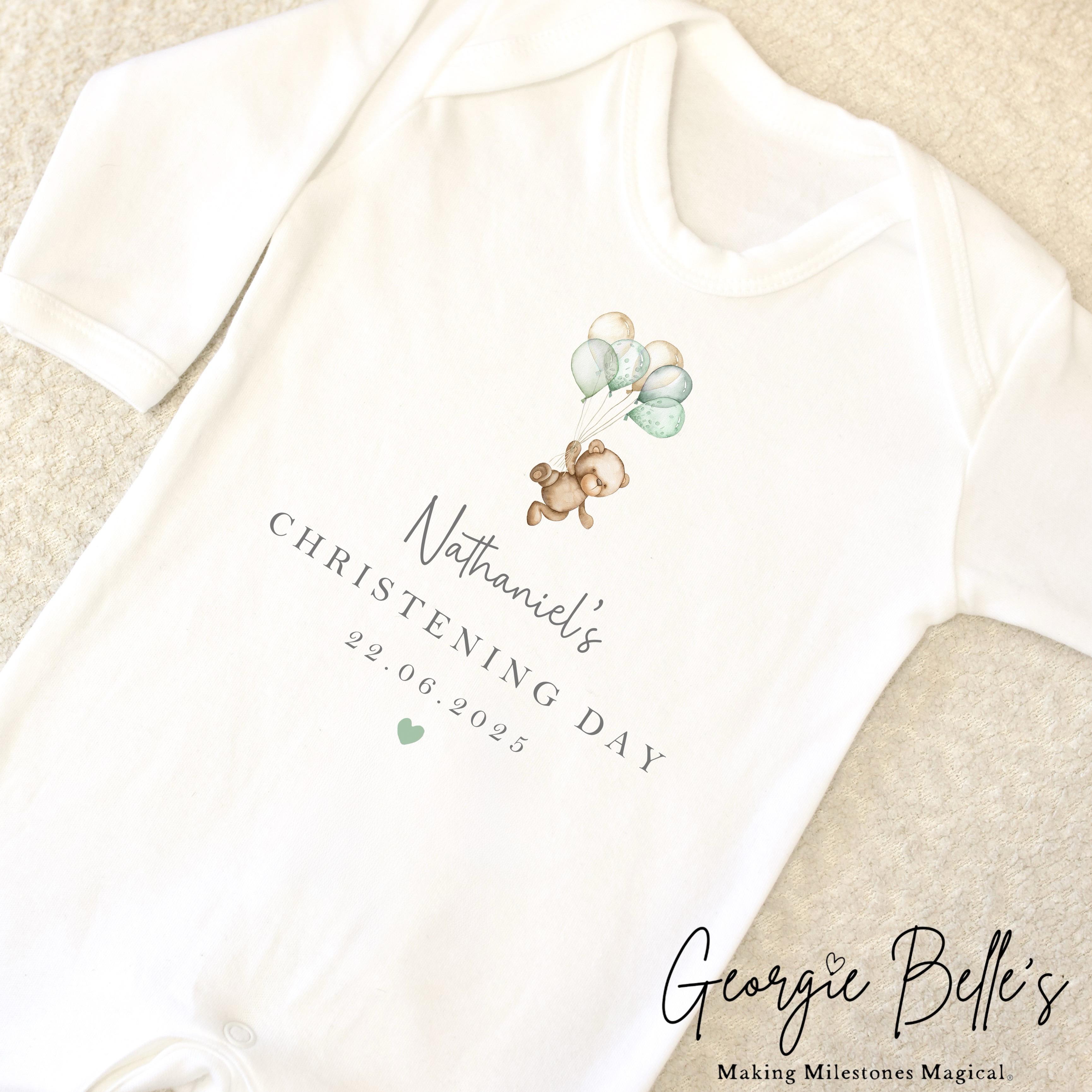 Personalised Christening Babygrow / Vest - Sage Bear Design