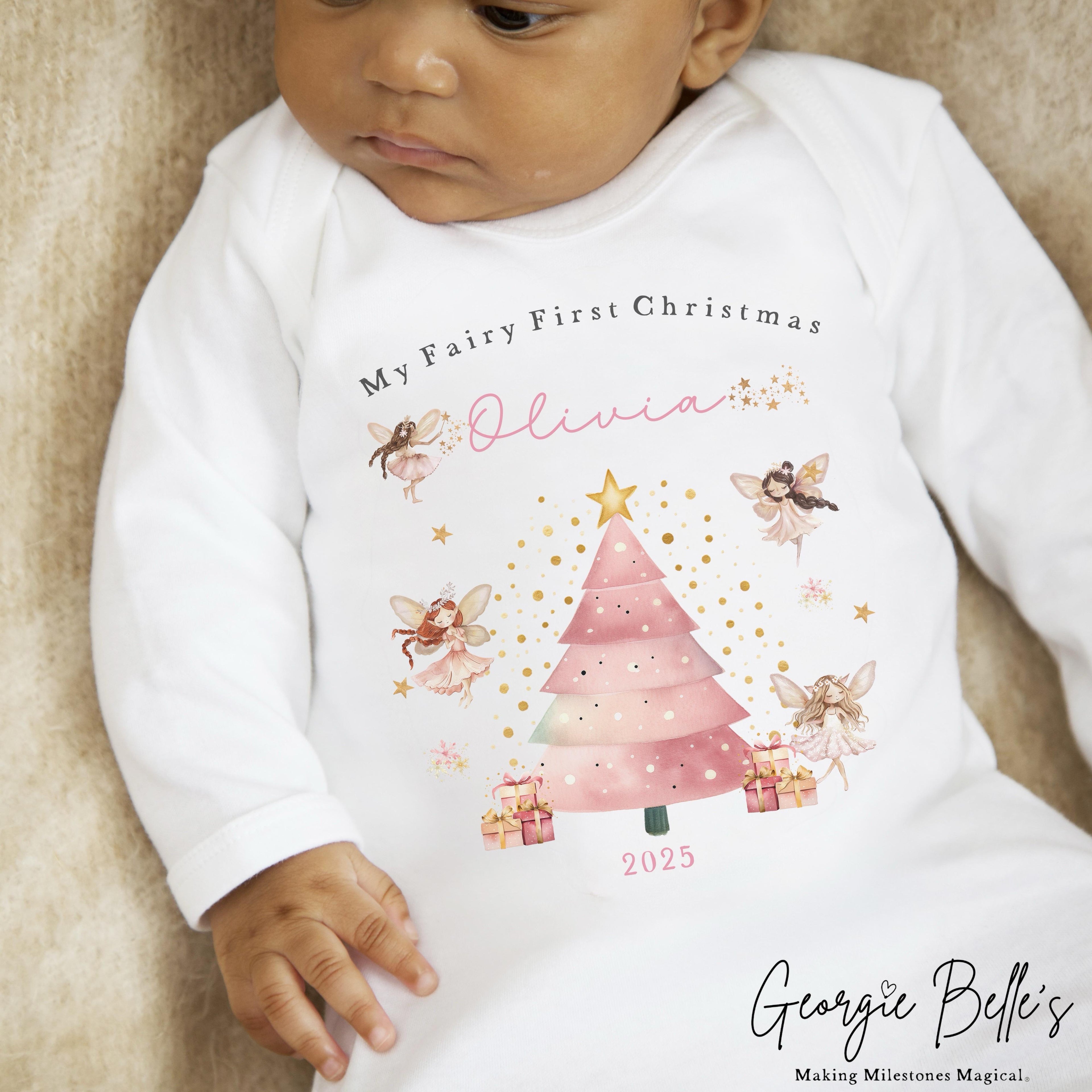 Personalised Christmas Sleepsuit / Bodysuit - First Christmas Pink Fairy Design