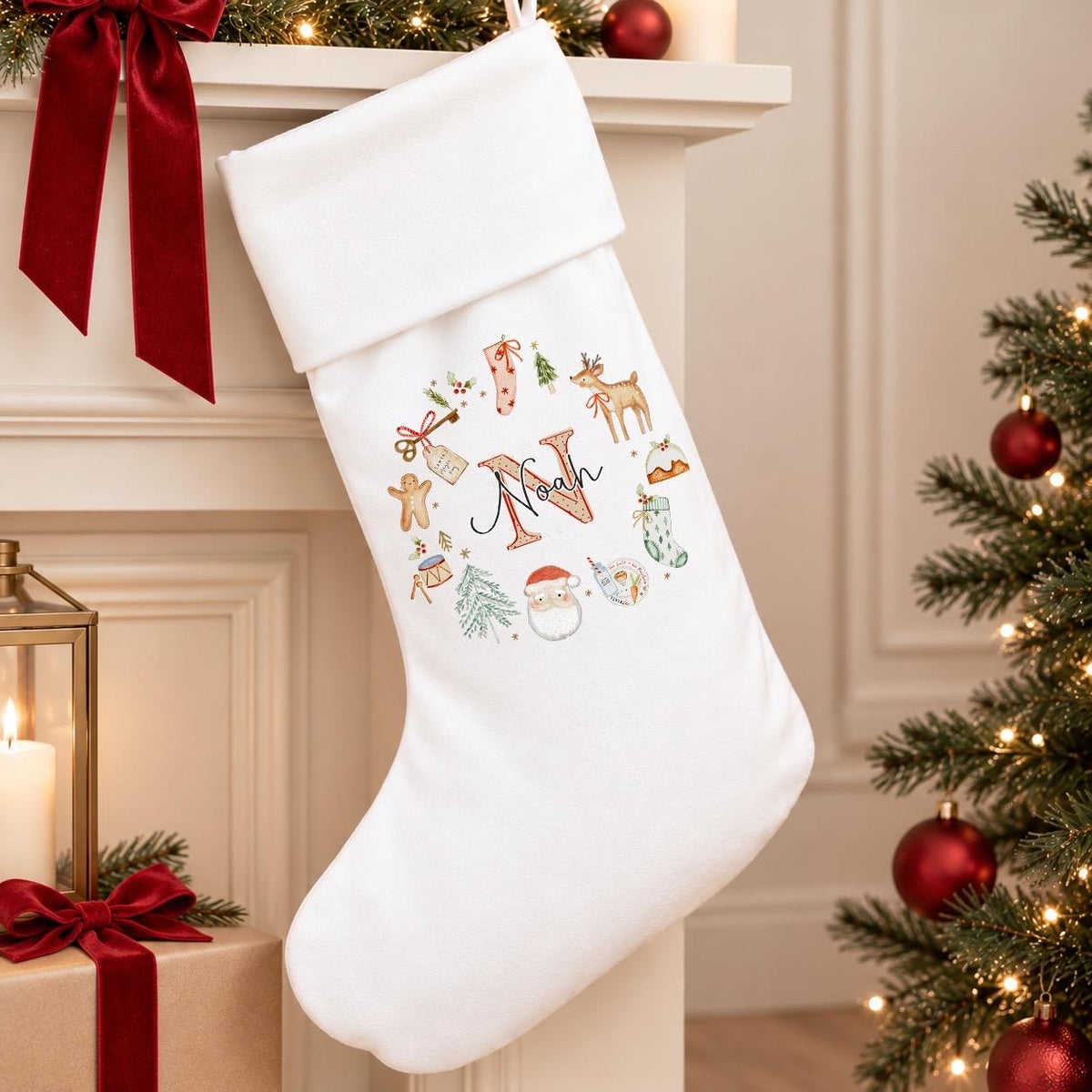 Personalised White Christmas Stocking | Initial Wreath Design