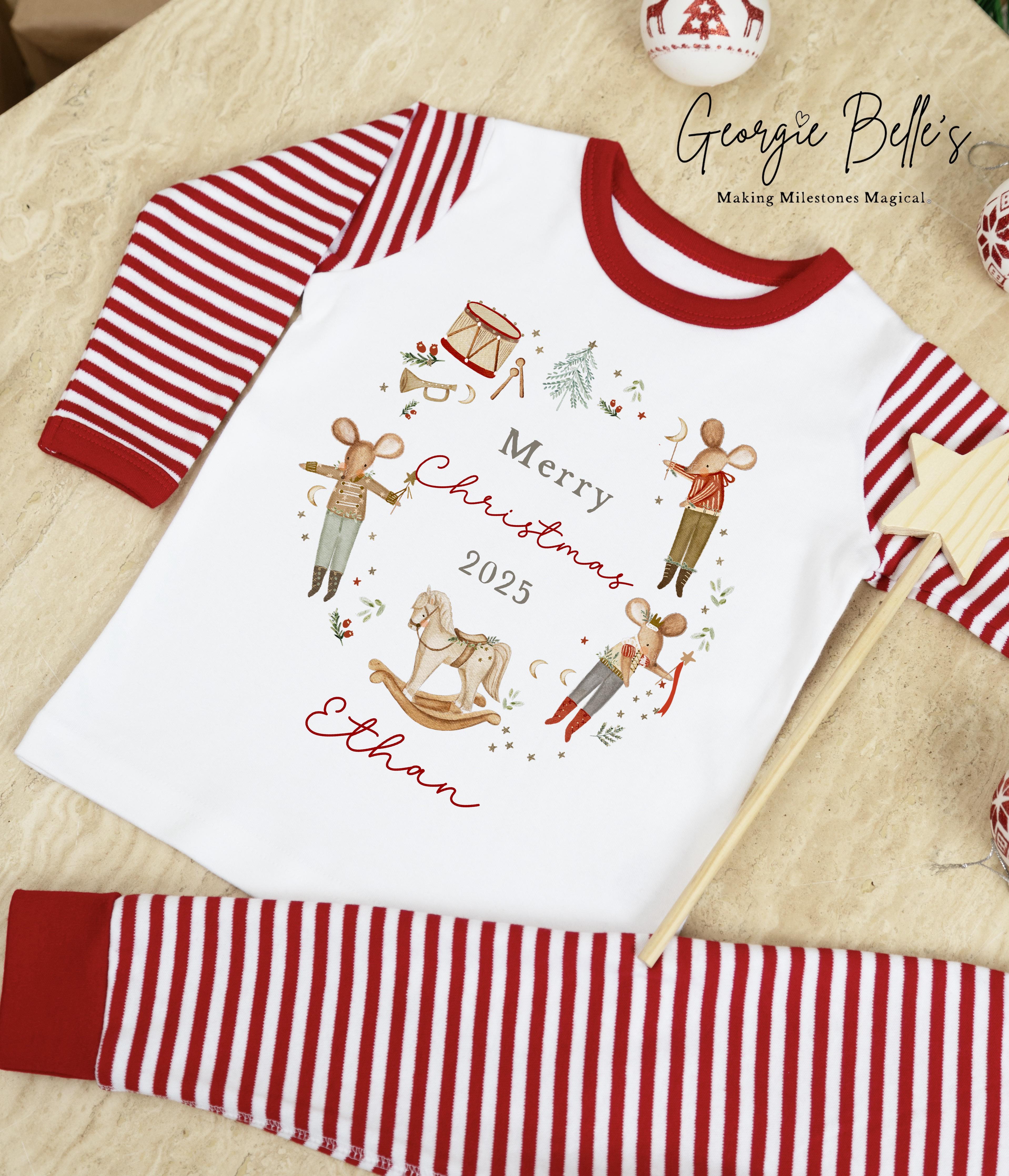 Personalised Red Stripe Christmas Pyjamas - Red Mice Wreath Design