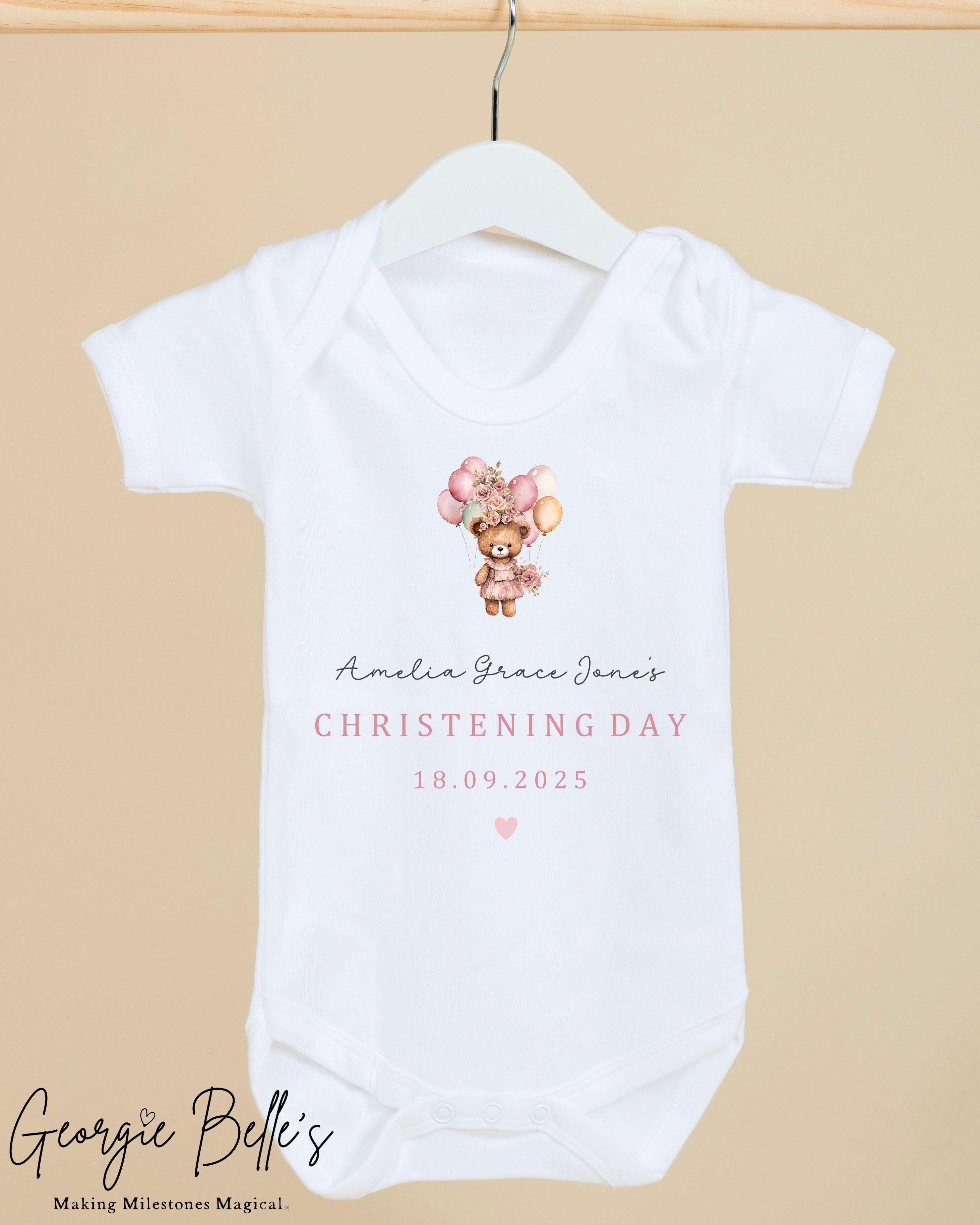 Personalised Christening Babygrow / Vest - Pink Bear Design