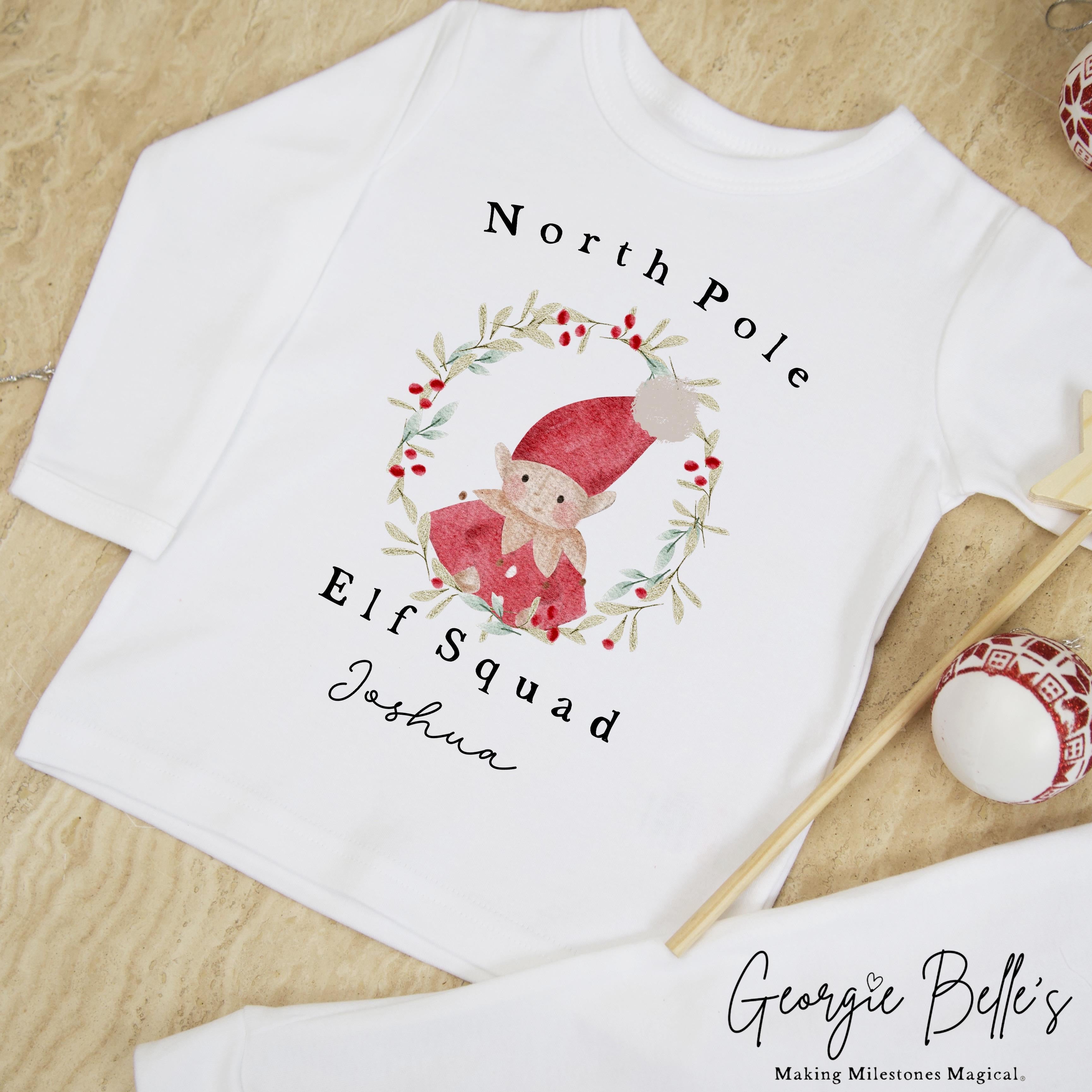 Plain white Family Matching Personalised Christmas Pyjamas - Elf Squad Design