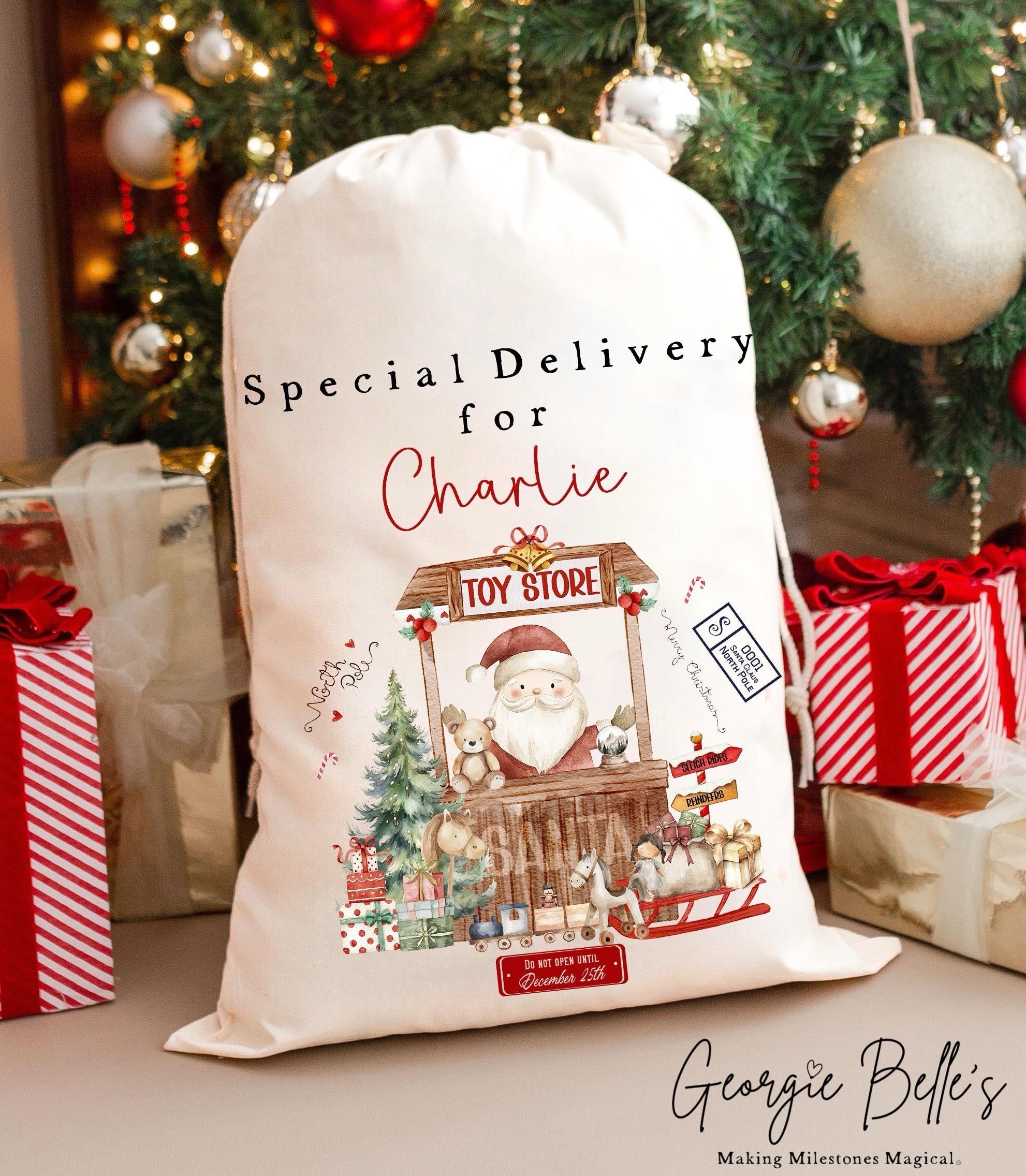 Luxury Personalised Premium Cotton Christmas Sack | Personalised Santa Sack | Toy Store Design