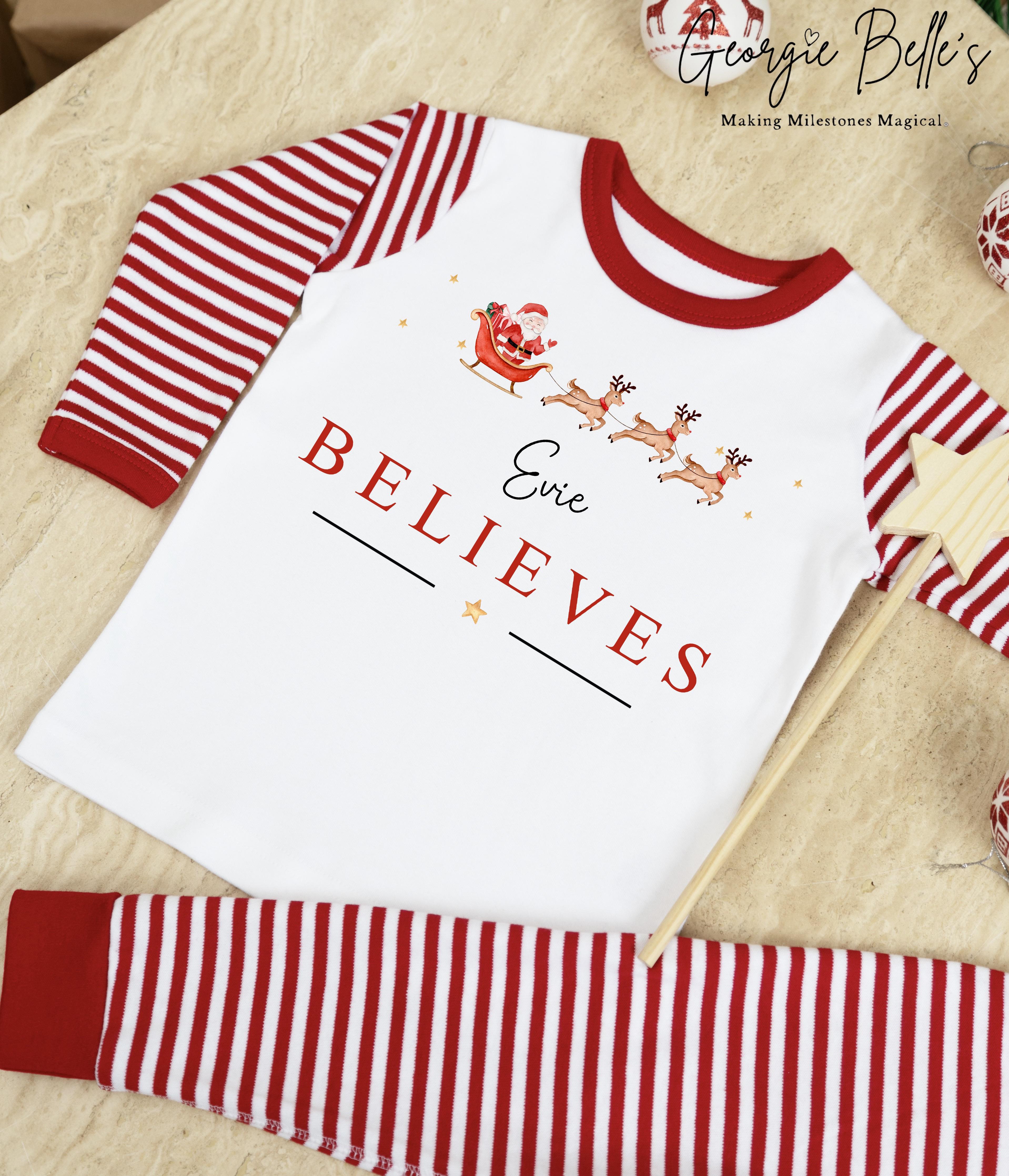 Red & White Stripe Family Matching Personalised Christmas Pyjamas - Belives Sleigh Design