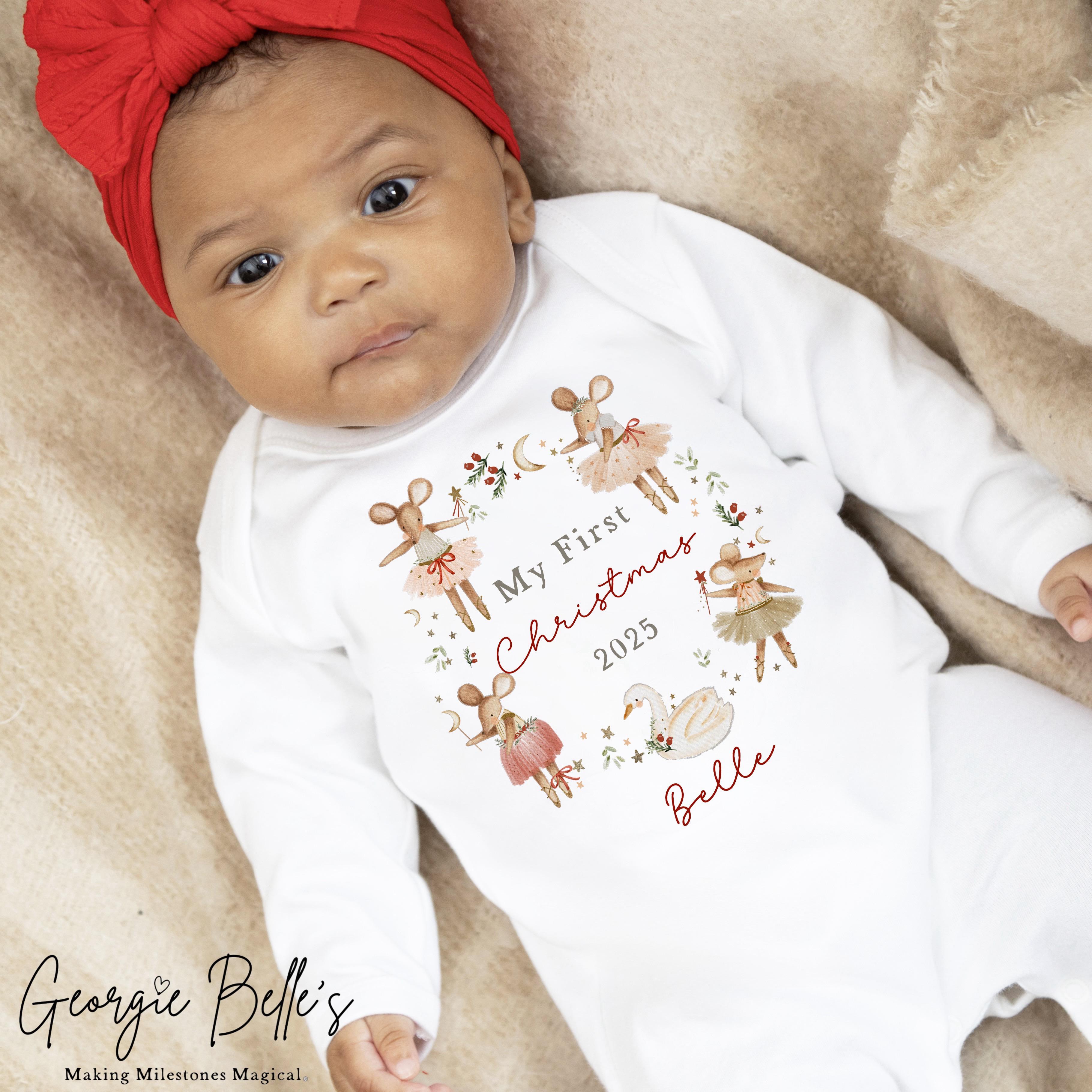 Personalised Christmas Sleepsuit / Bodysuit - First Christmas Red Ballerina Mice Wreath Design