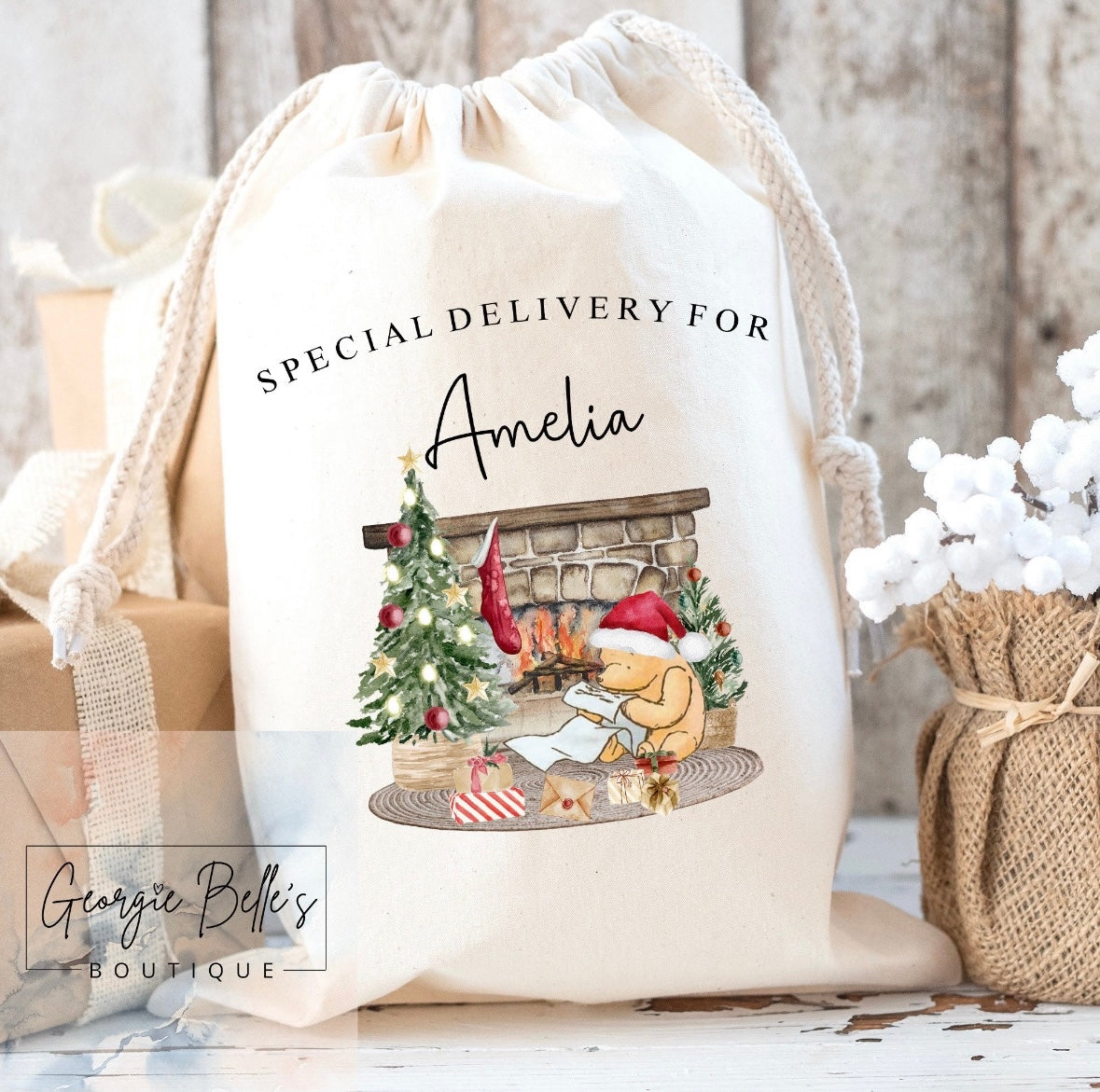 Luxury Premium Cotton Christmas Sack Winnie The Pooh Inspired Design