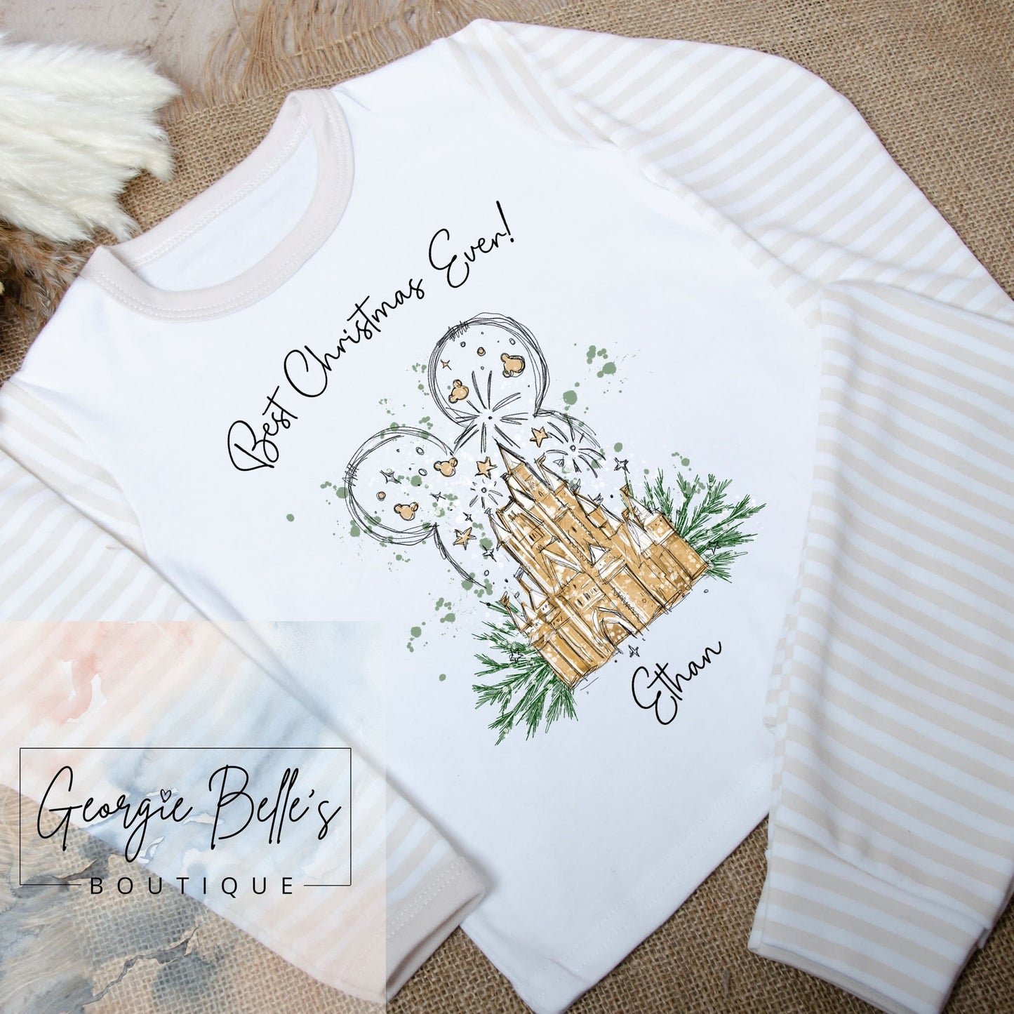 Stone Stripe Sibling Matching Christmas ‘Disney Inspired' Personalised Pyjamas - Mickey