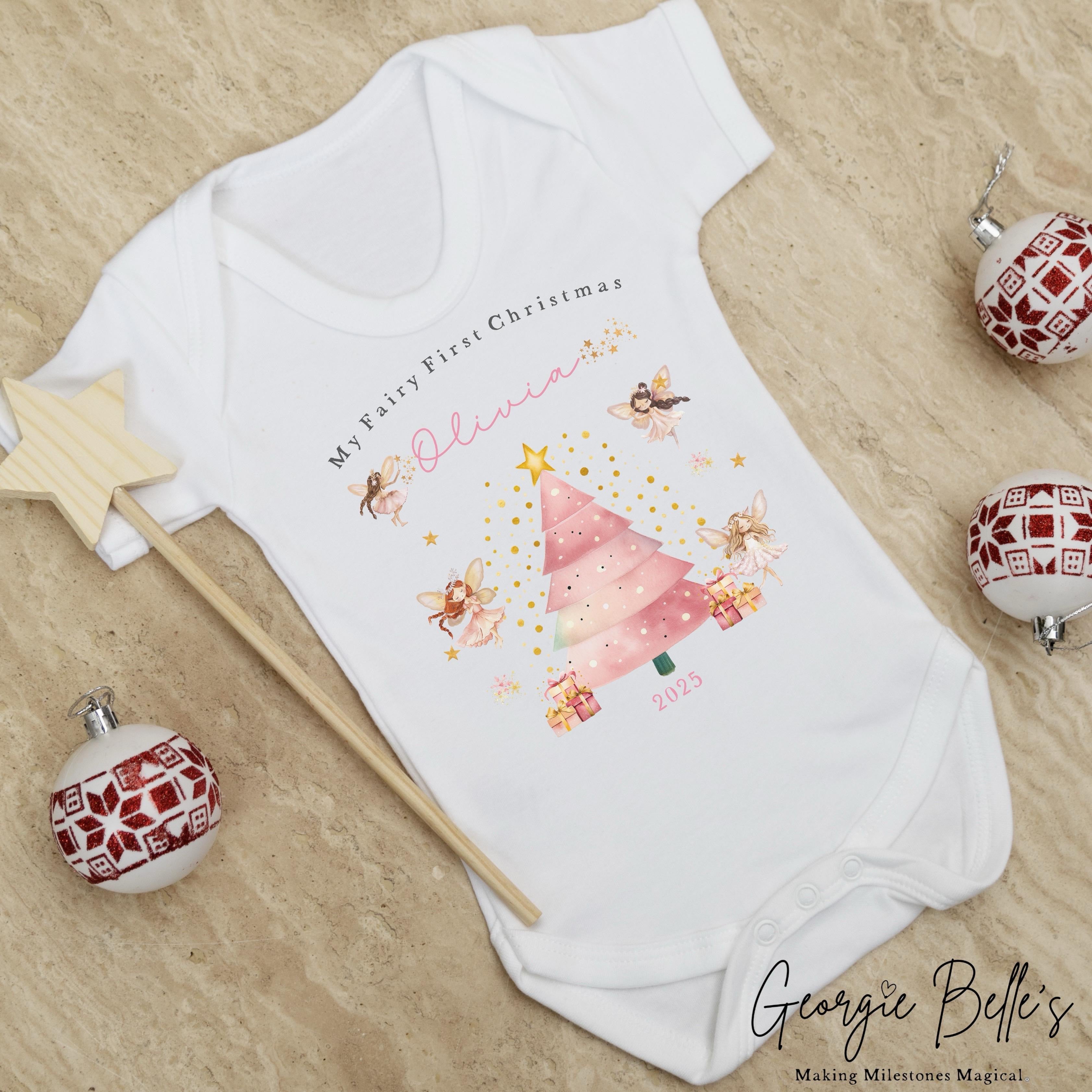Personalised Christmas Sleepsuit / Bodysuit - First Christmas Pink Fairy Design