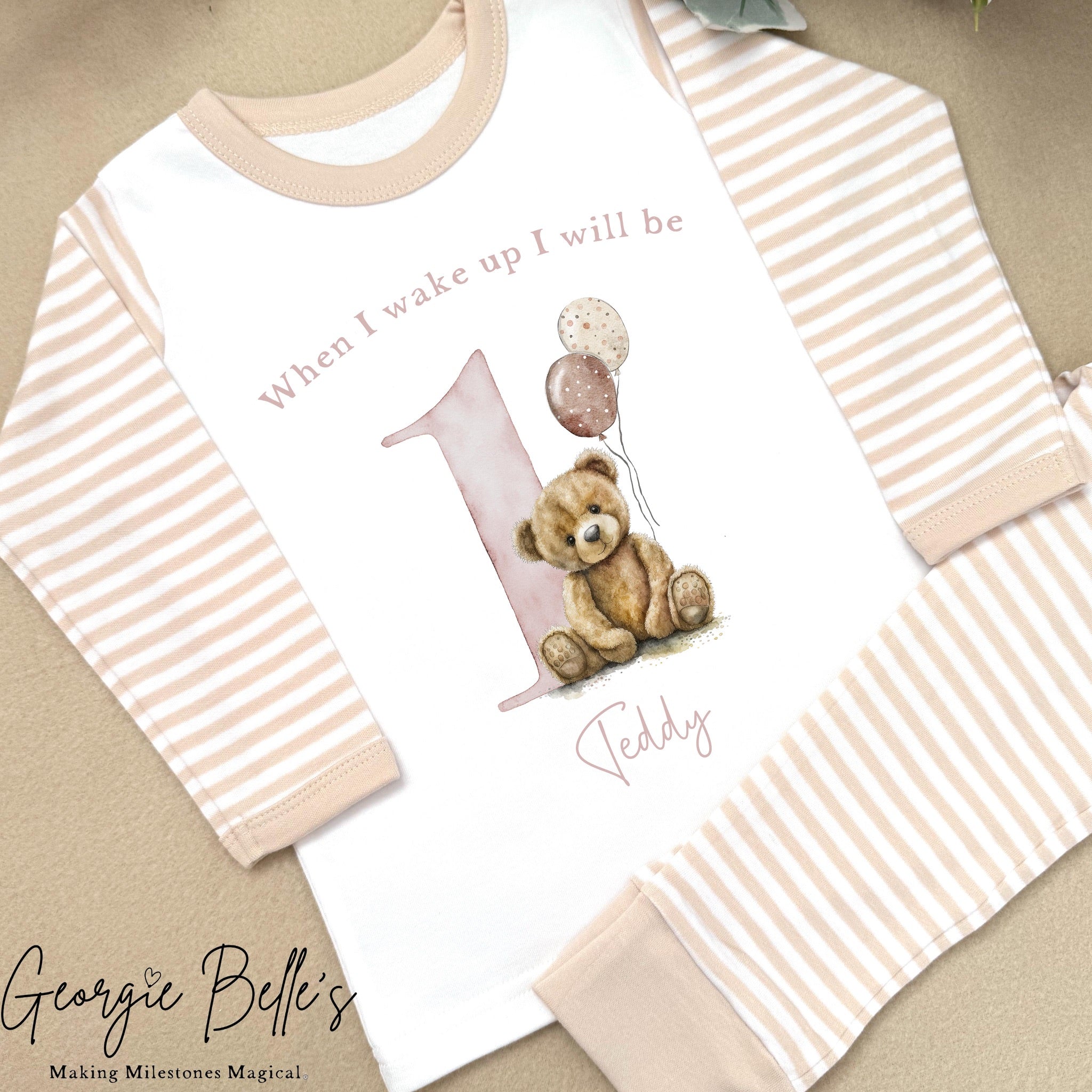 Personalised Beige Stripe Birthday Pyjamas - Beige Bear Nude Number Design
