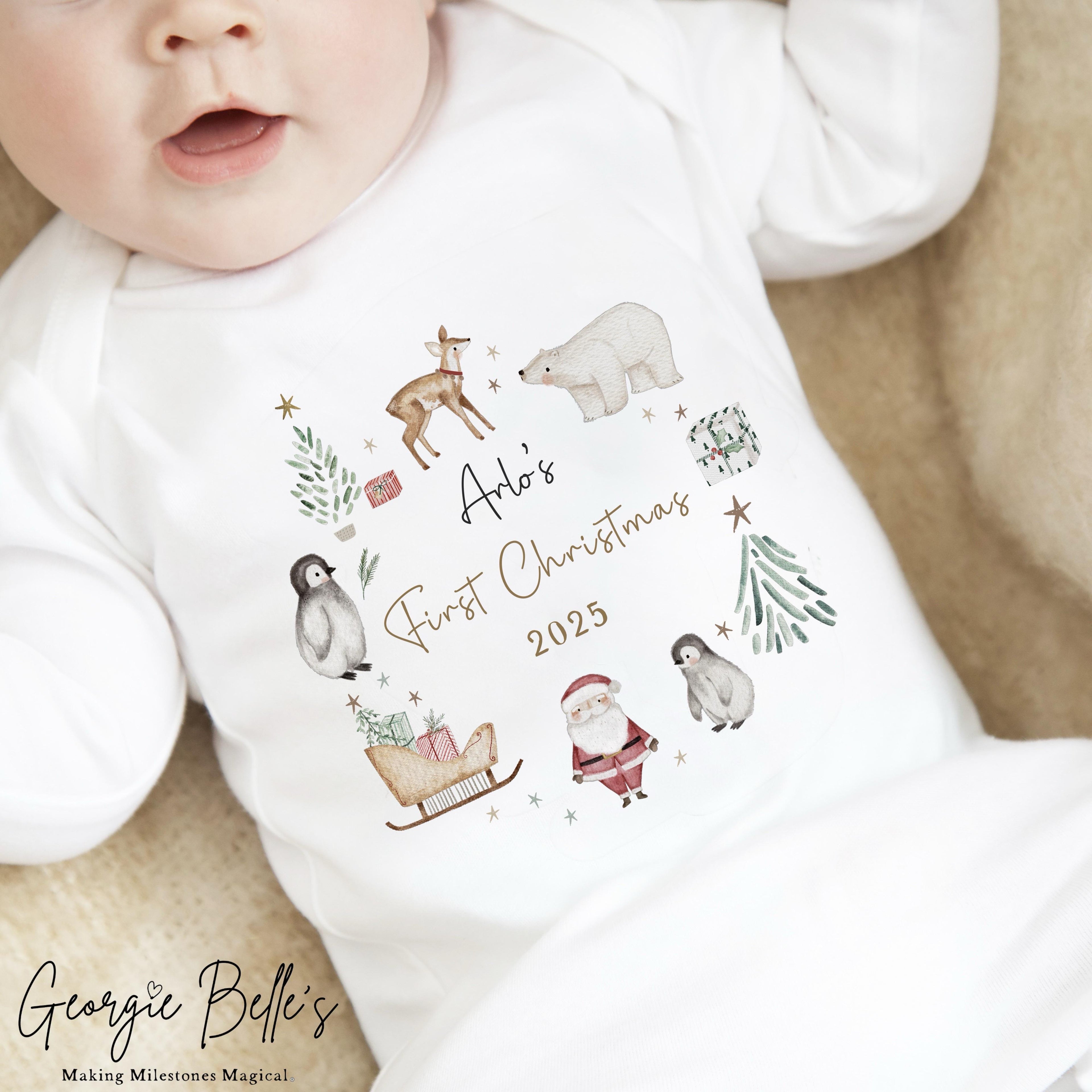 Personalised Christmas Sleepsuit / Bodysuit - First Christmas nude writing Wreath Design