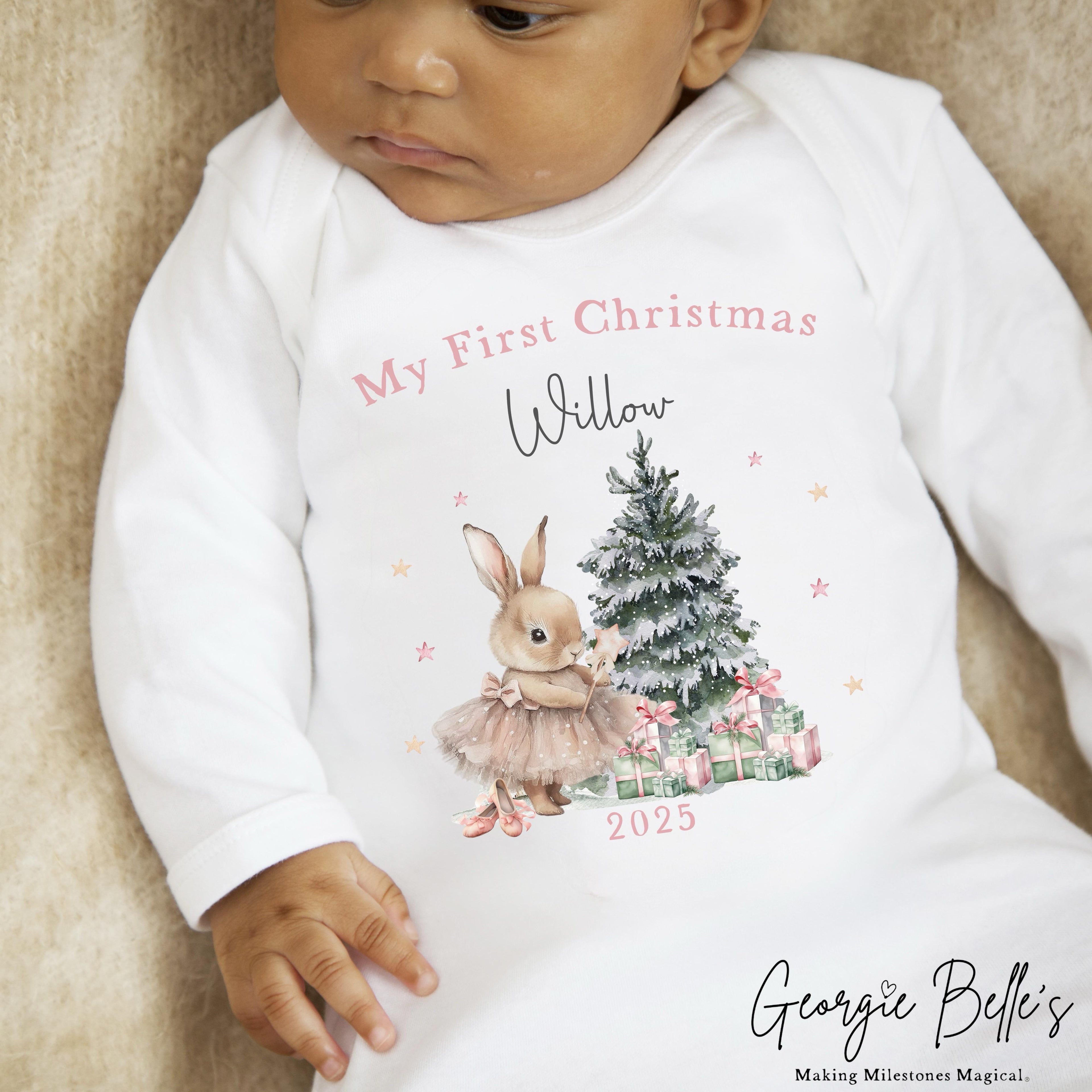 Personalised Christmas Sleepsuit / Bodysuit - First Christmas Pink Bunny Design
