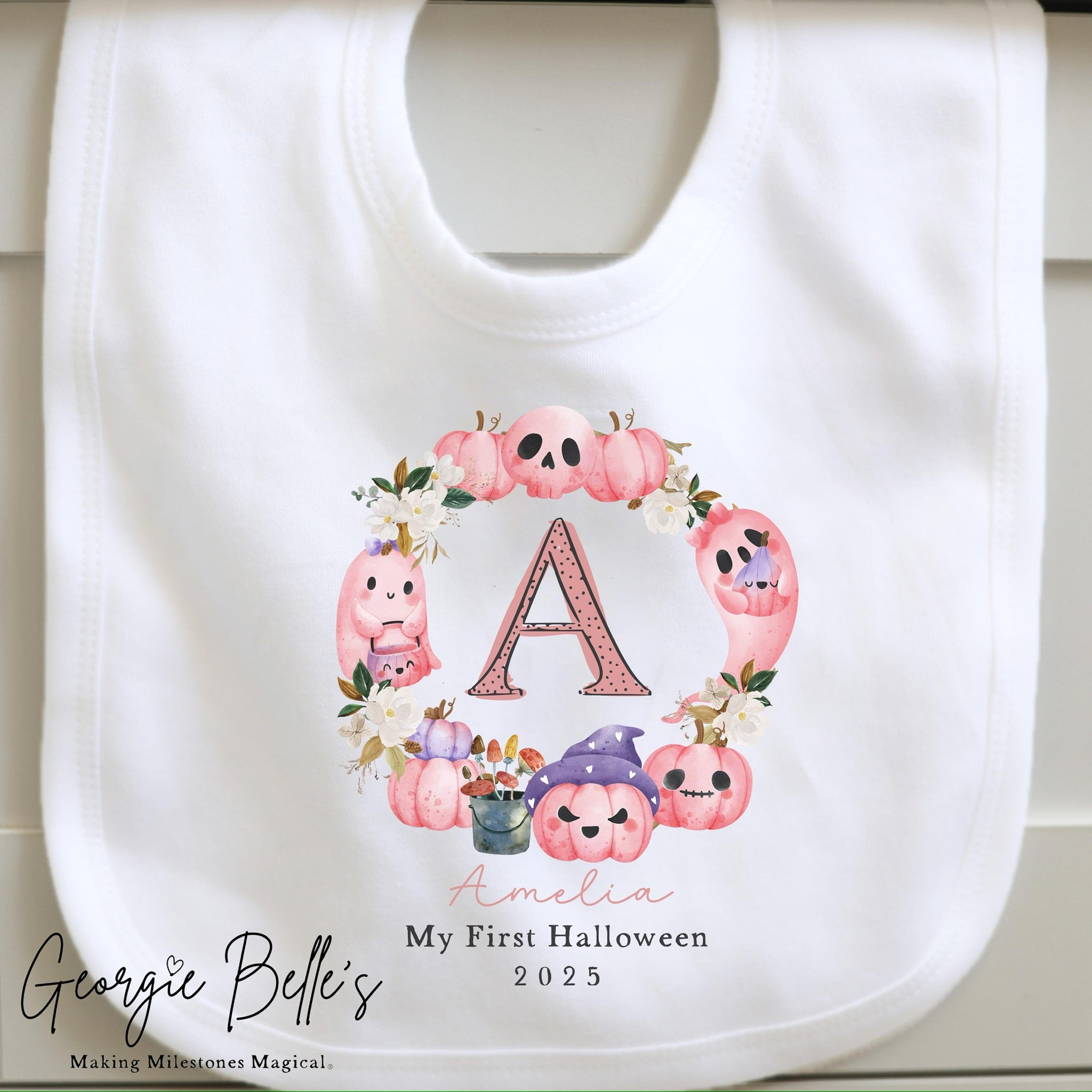 Personalised Halloween Bodysuit / Sleepsuit - My First Pink Wreath Design